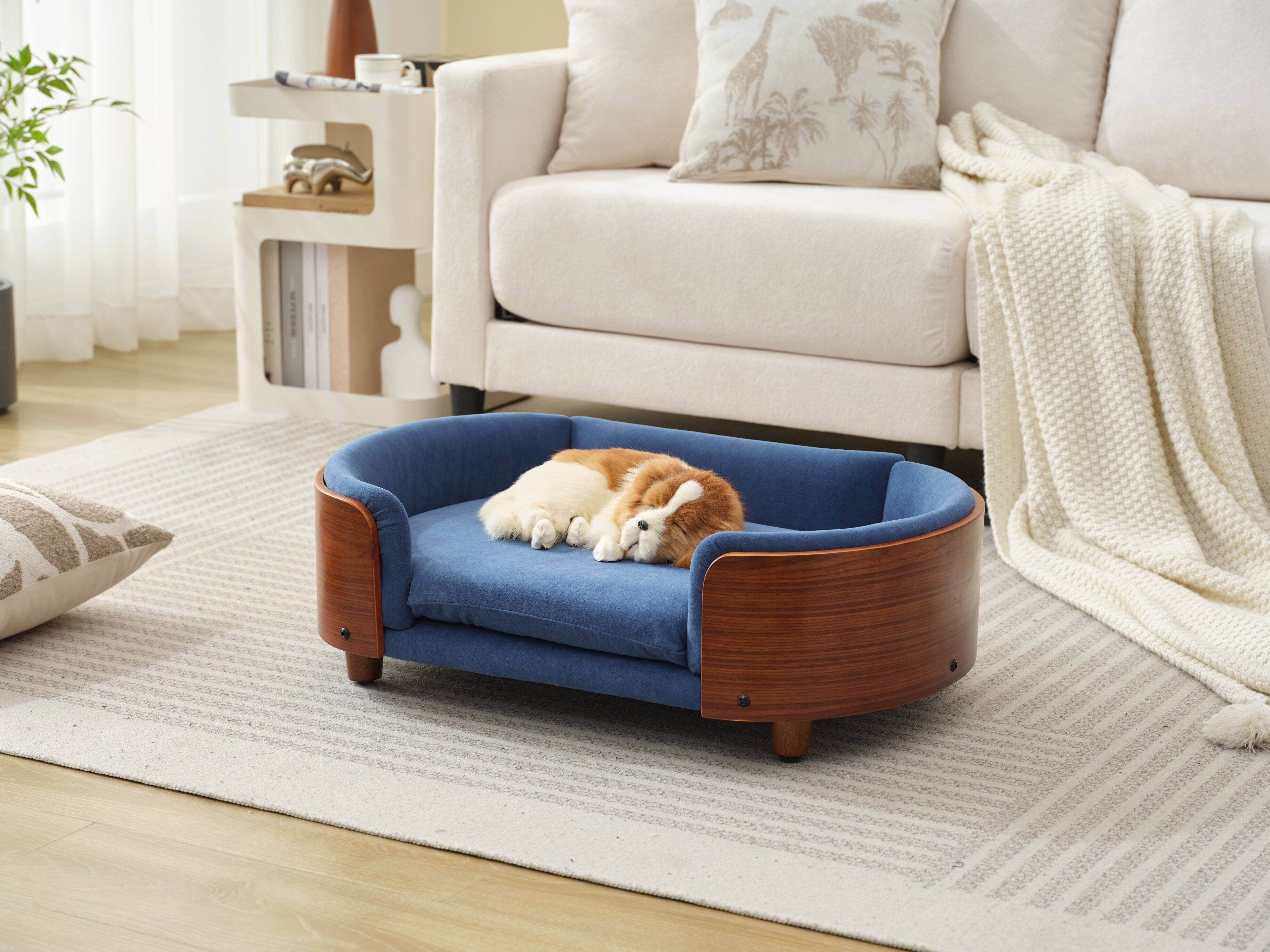 Angle. APRILSOUL - Scandinavian style Elevated Dog Bed Pet Sofa With Solid Wood legs and Walnut Bent Wood Back Velvet Dark Blue Small Size - Dark Blue.