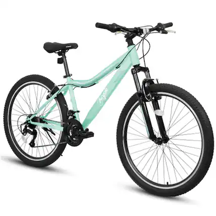 Front. HTUTWOO - Mountain Bike - 24 Inch High-Density Carbon Steel Frame, 21 Speed, Front Suspension, Dual V-Brakes, 80% Pre-Assembled - Green.