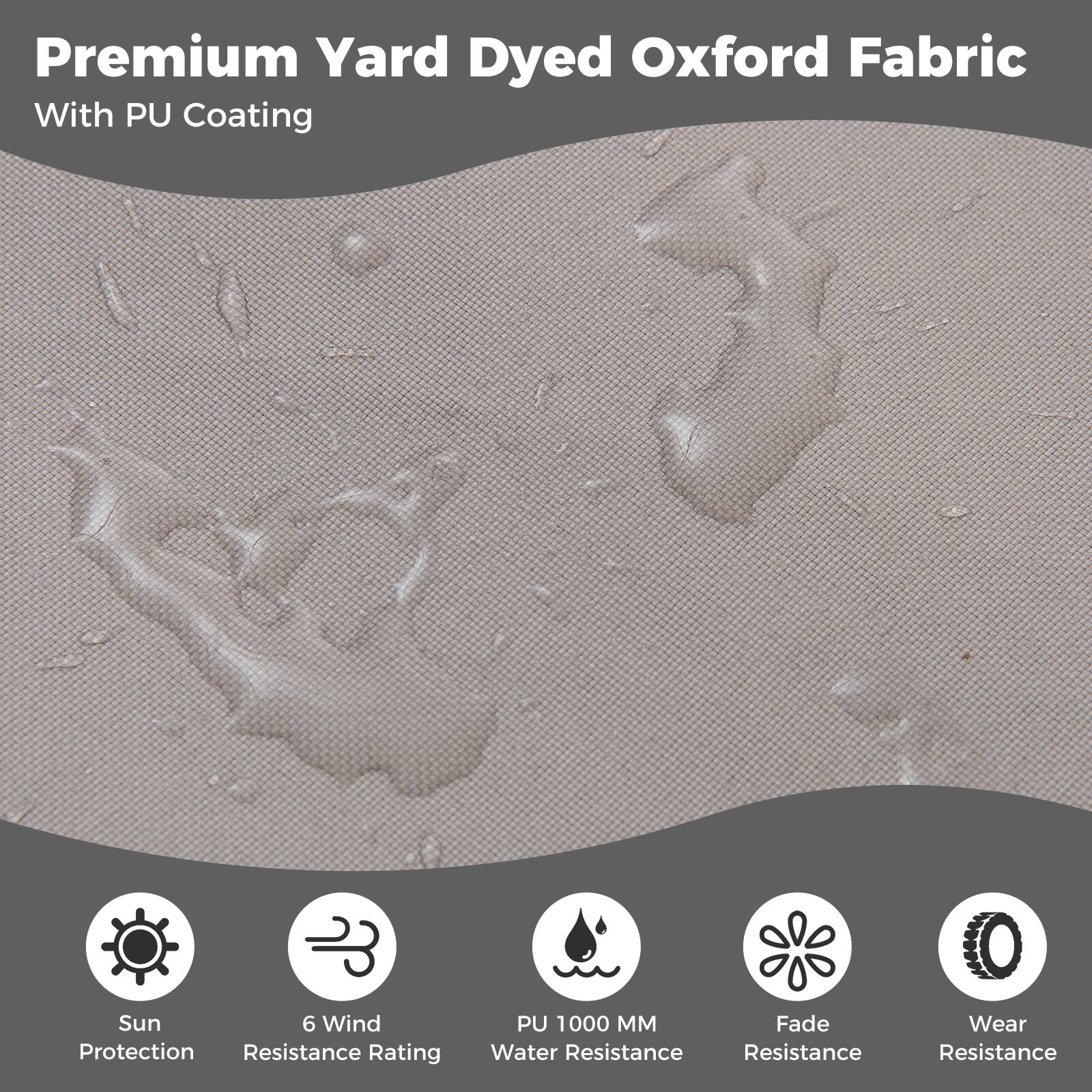 Premium Yard Dyed Oxford Fabric  
With PU Coating  

- Sun Protection  
- 6 Wind Resistance Rating  
- PU 1000 MM Water Resistance  
- Fade Resistance  
- Wear Resistance