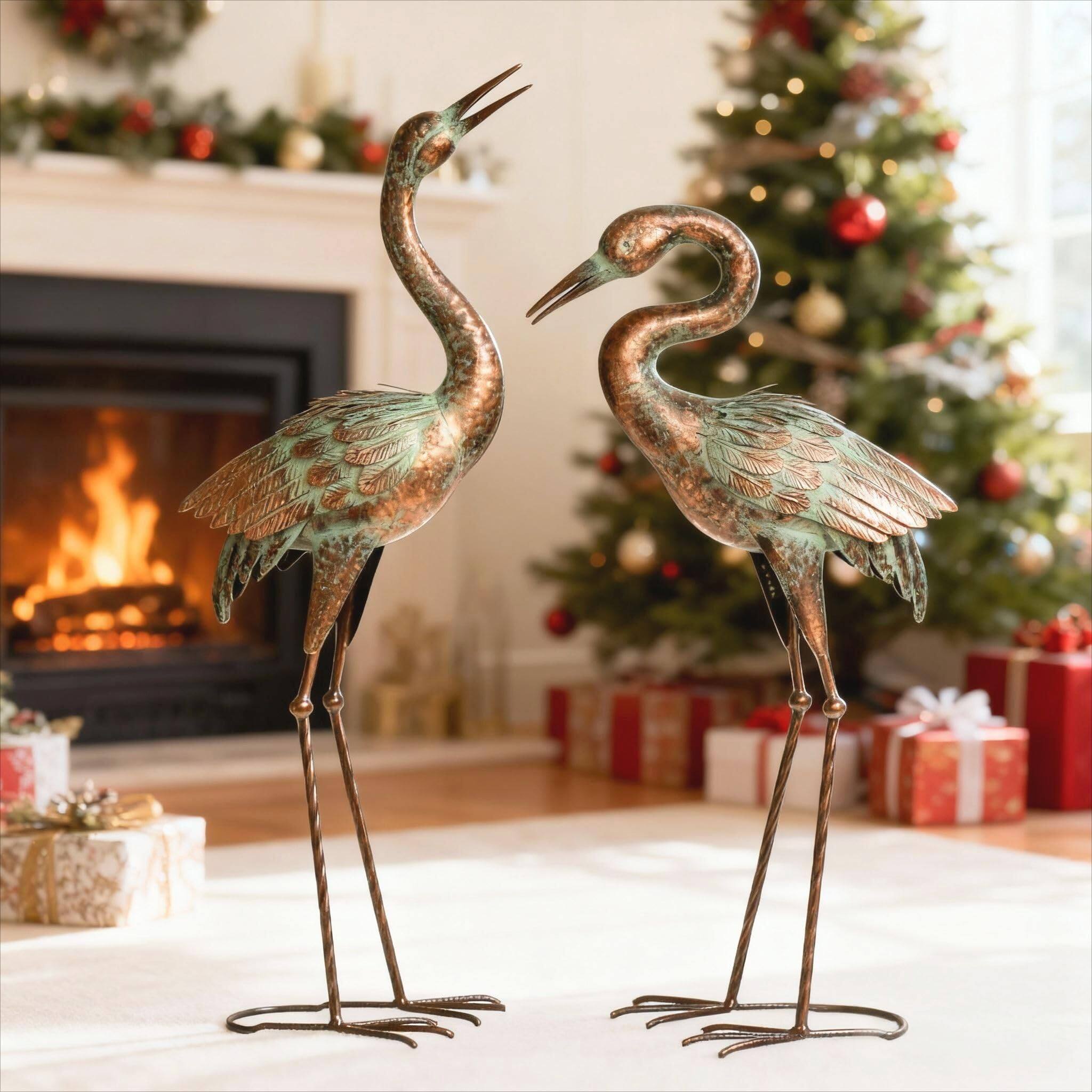 Alt View 2. Refined Abode Design - Garden Crane Statues Blue Heron Sculptures For Outdoor Cranes Decor Metal Bird Patina Art Lawn Ornaments Yard.
