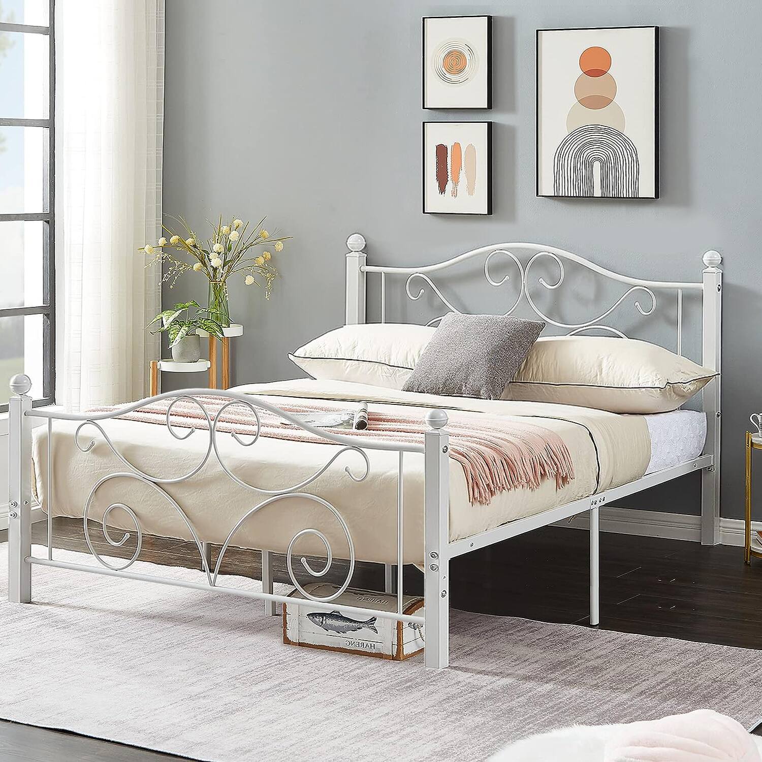 Alt View 2. Vecelo - Queen Bed Frame with Headboard & Footboard, Heavy Duty Steel Slats - No Box Spring, Easy Assembly, White - White.