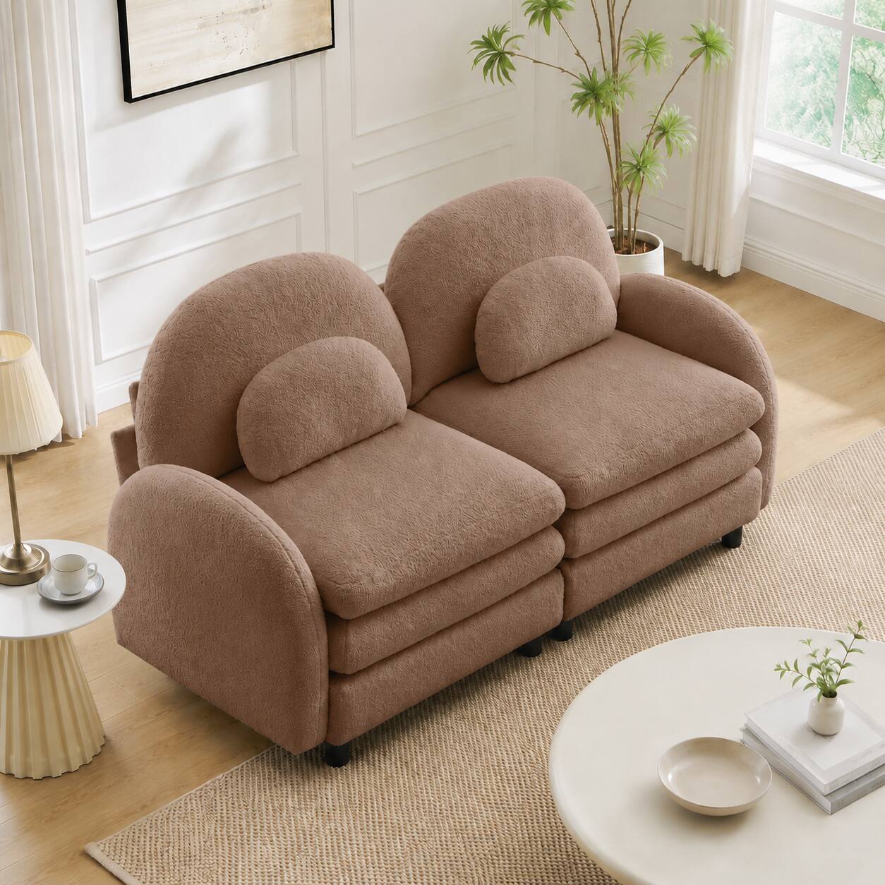 Left. Anysun - Teddy Fabric Cloud-Like Loveseat Sofa: Curved Back, Armrest, Lumbar Pillows, Modular 2-Seater, Double-Layer Cushion - Camel.