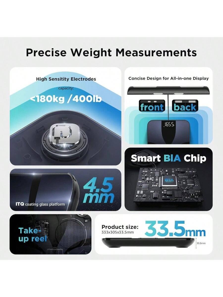 Precise Weight Measurements

- High Sensitivity Electrodes
  - Capacity: <180kg / 400lb

- Concise Design for All-in-one Display
  - Front Back 165.5

- Smart BIA Chip

- ITQ coating glass platform
  - 4.5 mm

- Take-up reel

- Product size: 333x305x33.5mm
  - 33.5mm