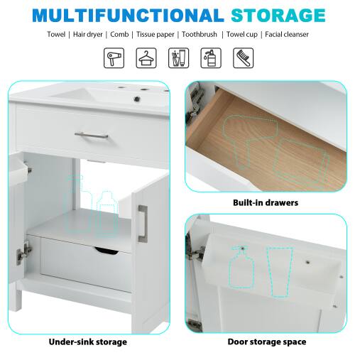 MULTIFUNCTIONAL STORAGE  
Towel | Hair dryer | Comb | Tissue paper | Toothbrush | Towel cup | Facial cleanser  
Built-in drawers  
Under-sink storage  
Door storage space