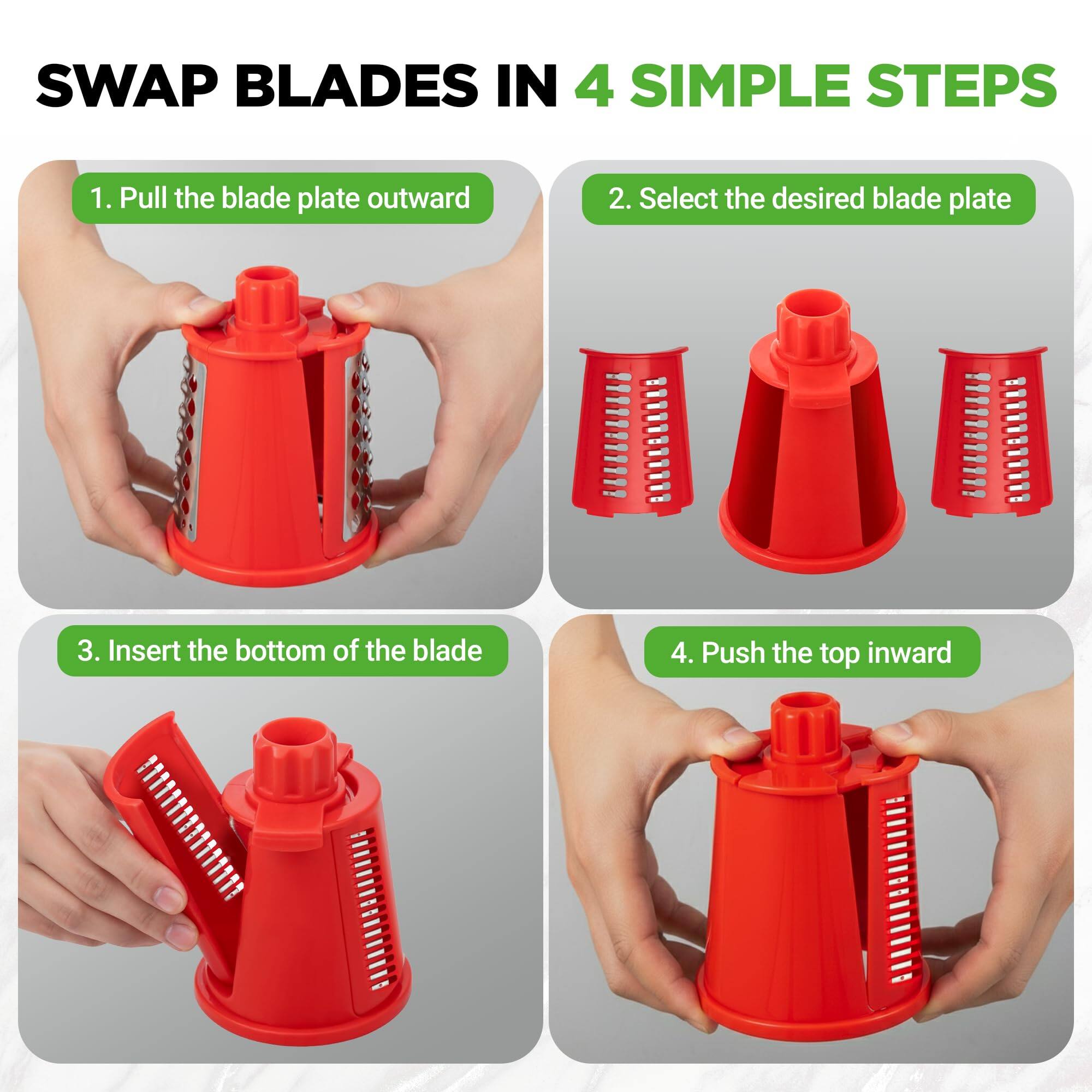 SWAP BLADES IN 4 SIMPLE STEPS

1. Pull the blade plate outward
2. Select the desired blade plate
3. Insert the bottom of the blade
4. Push the top inward