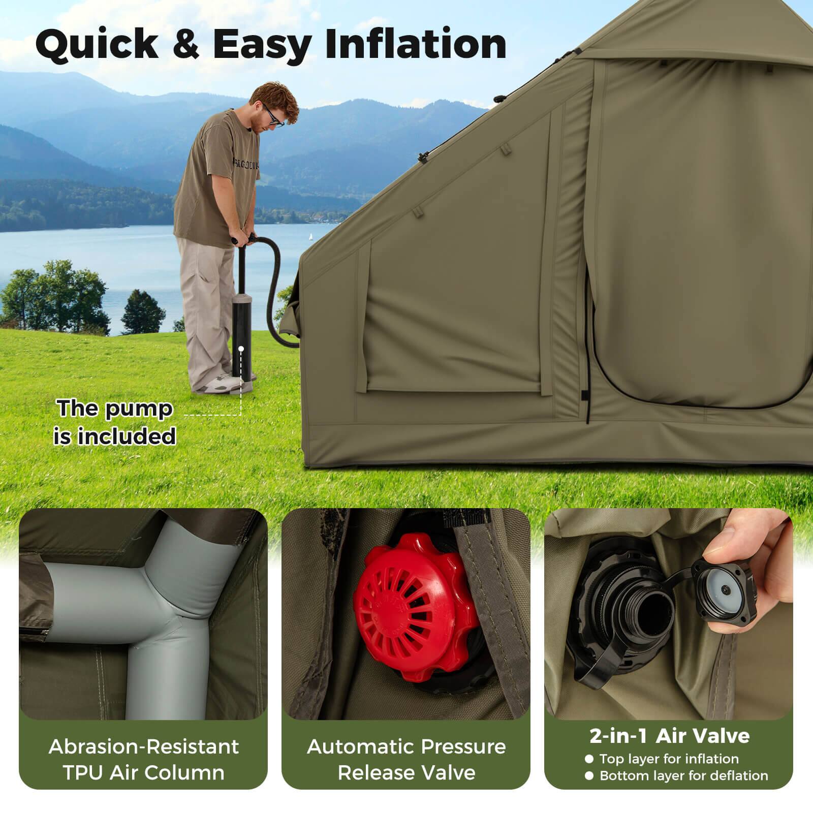 Quick & Easy Inflation

The pump is included

Abrasion-Resistant TPU Air Column

Automatic Pressure Release Valve

2-in-1 Air Valve
- Top layer for inflation
- Bottom layer for deflation