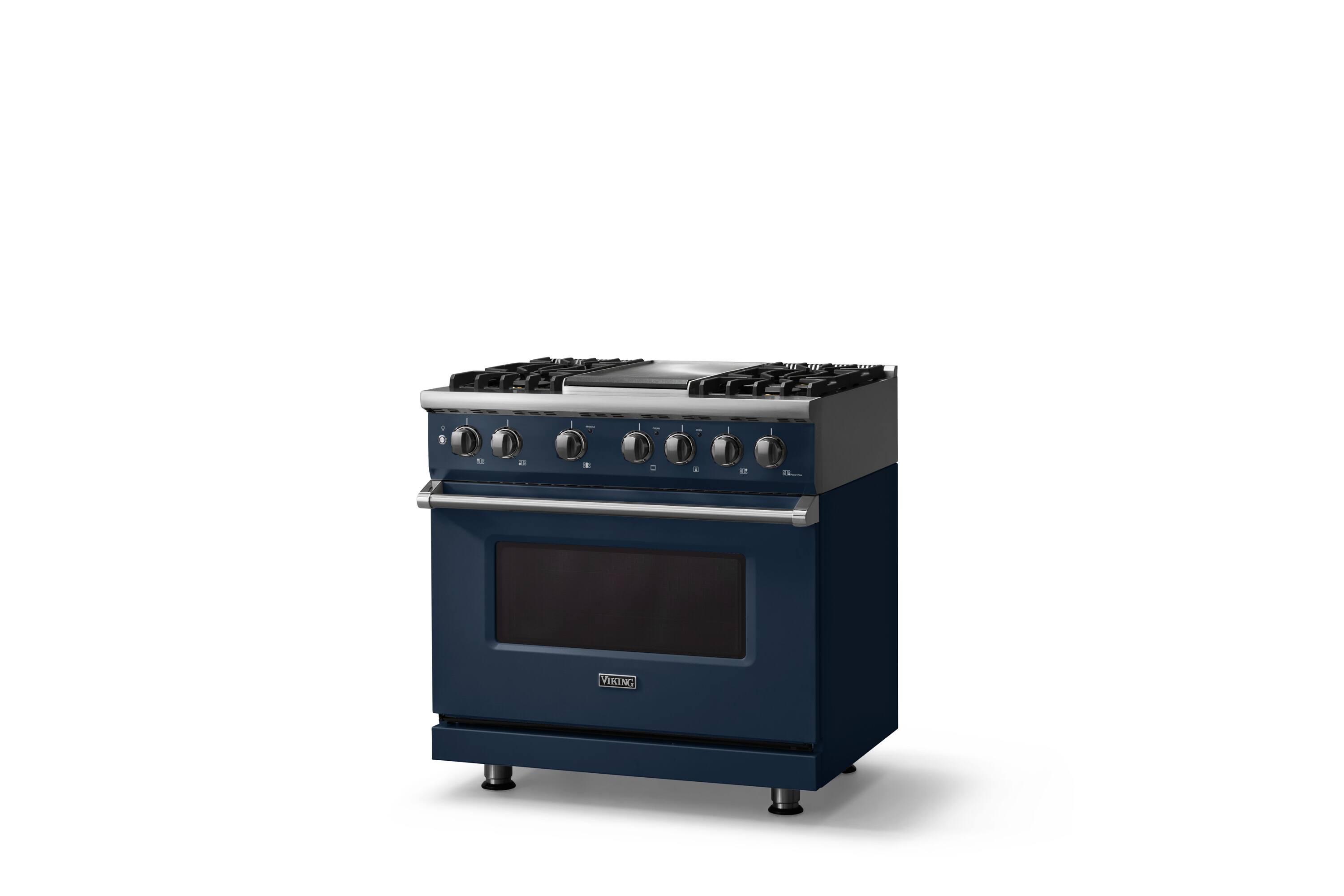 Angle. Viking - Pro 5 Series 5.6 Cu. Ft. Freestanding Sealed 4 Burner Dual Fuel Convection Range/Griddle - Slate Blue - Slate Blue.