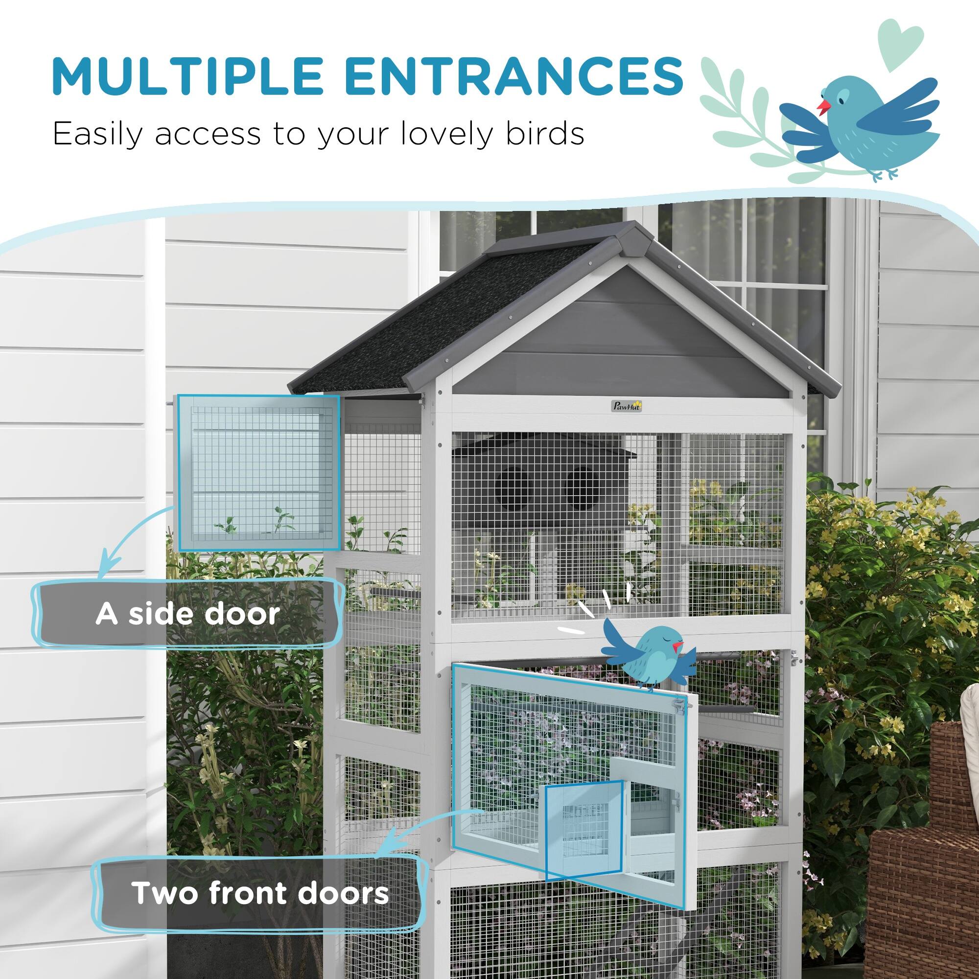 MULTIPLE ENTRANCES  
Easily access to your lovely birds  

A side door  
Two front doors