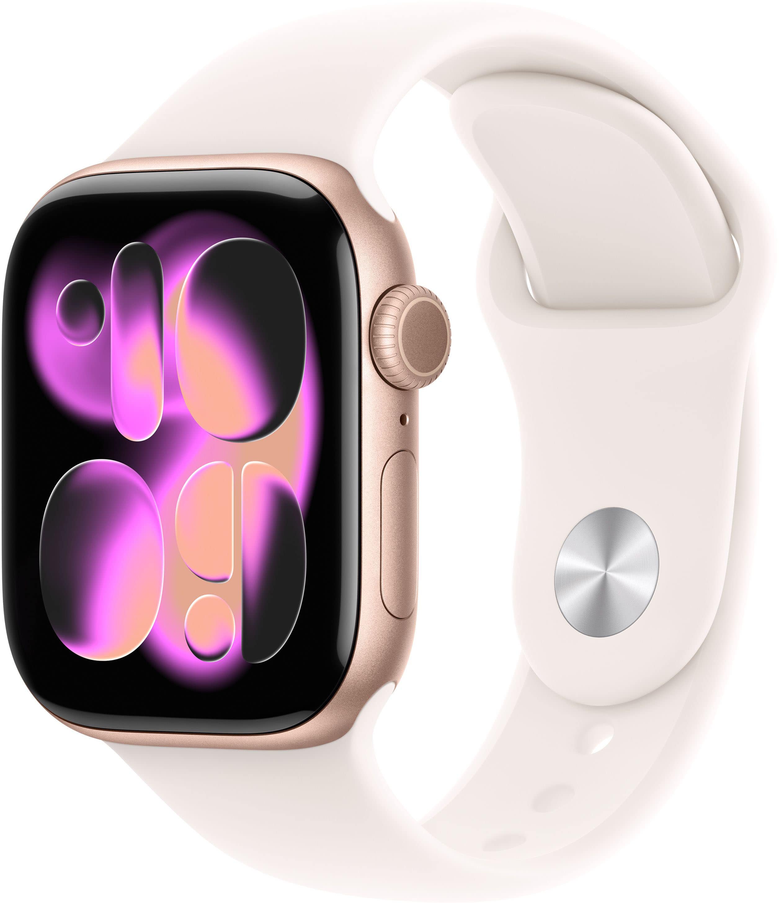 Front. Apple - Apple Watch Series 11 (GPS+Cellular) 42mm Aluminum Case with Light Blush Sport Band - S/M - Rose Gold.