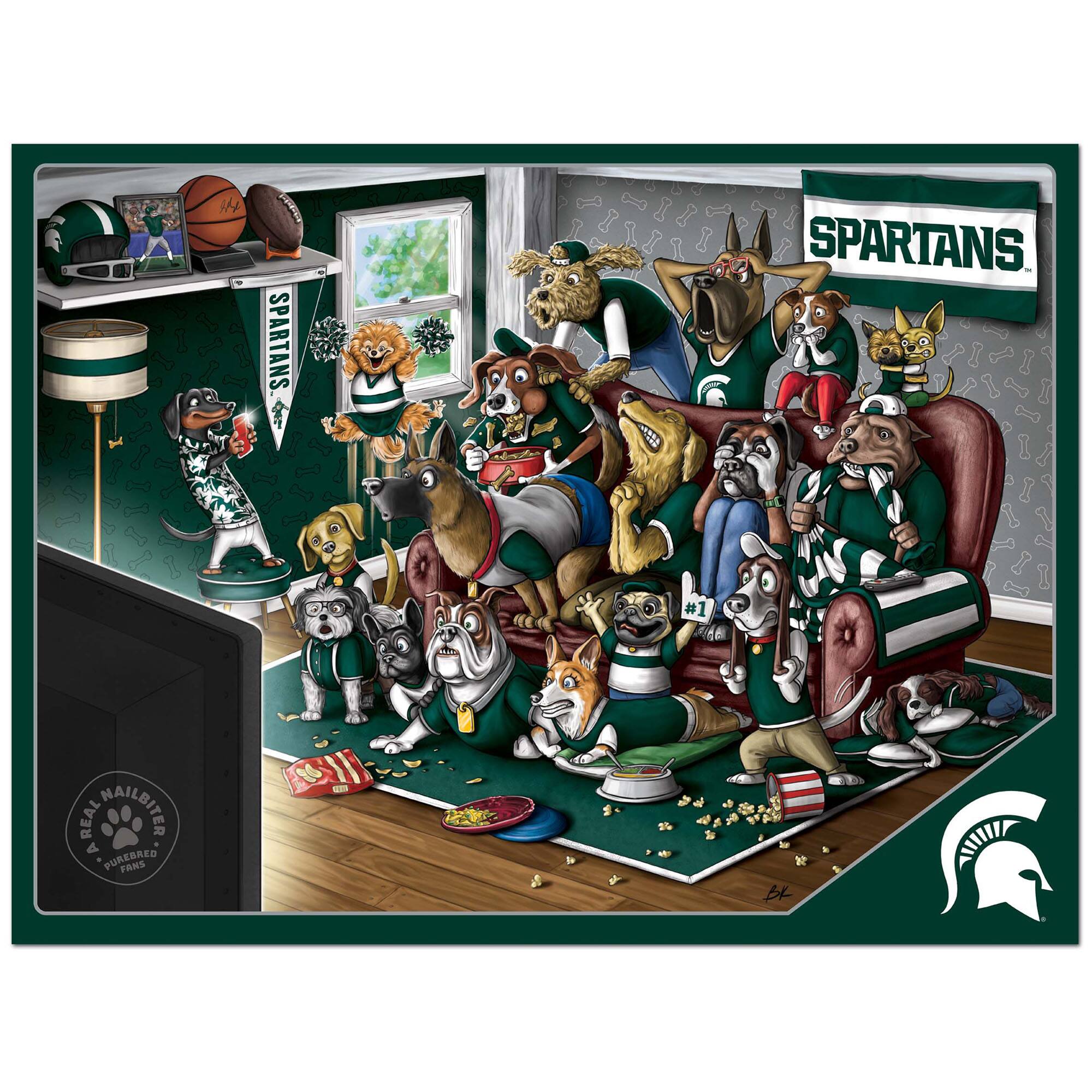 Sure, here is the corrected and grouped text:

- "SPARTANS"
- "#1"
- "A REAL NAILBITER"
- "PUREBRED FANS"
- "SPARTANS" (on the banner)
- "SPARTANS" (on the shelf)
- "REAL NAILBITER" (on the plaque)