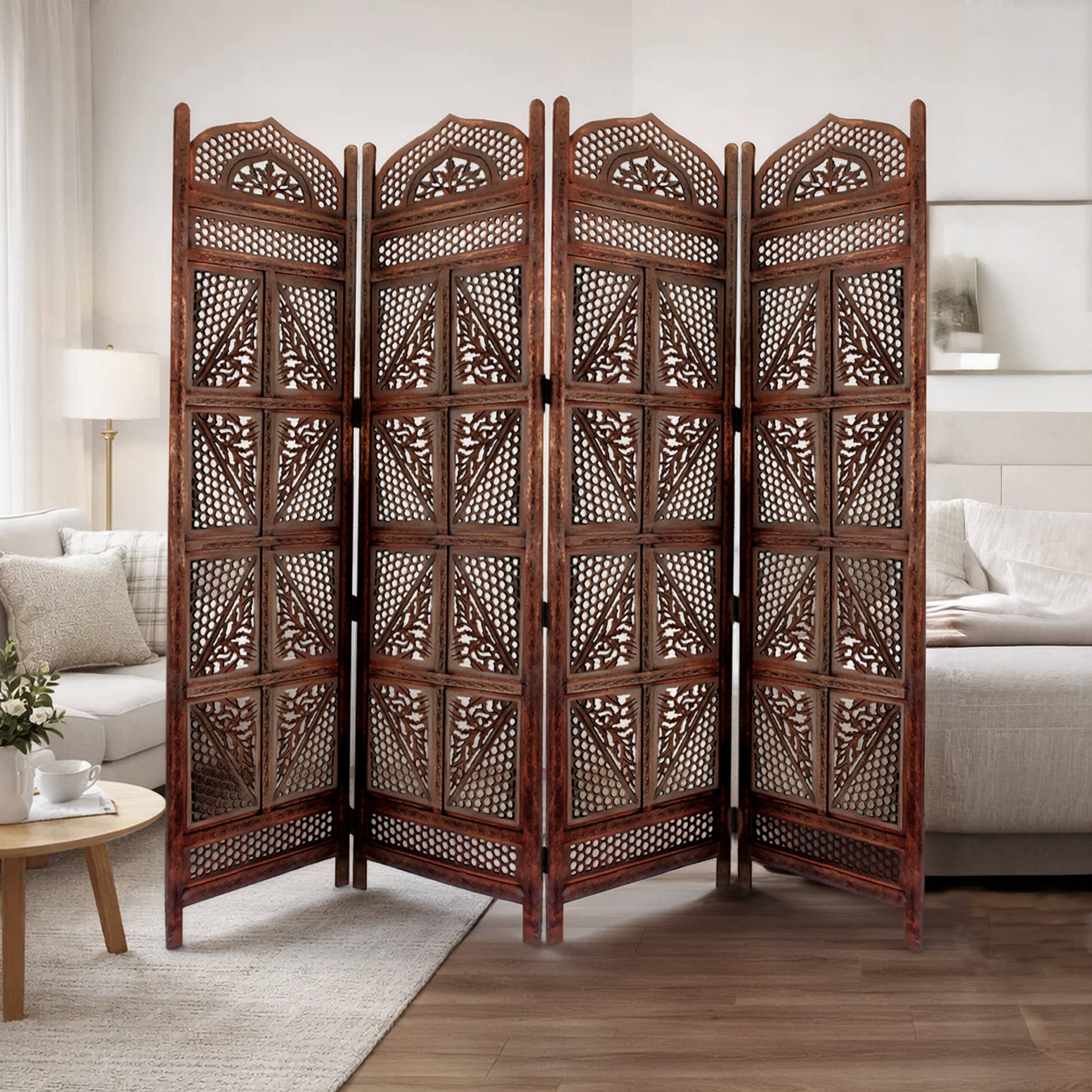 Alt View 7. Manhattan Lane - Traditional Four Panel Wooden Room Divider with Hand Carved Details - Brown.