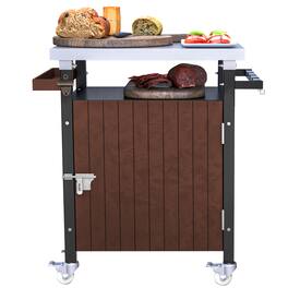 Spaco - Outdoor Grill Cart, Movable BBQ Cart with Stainless Steel Tabletop, Wheels, Storage, Hooks, Spice Rack, Waterproof - Brown