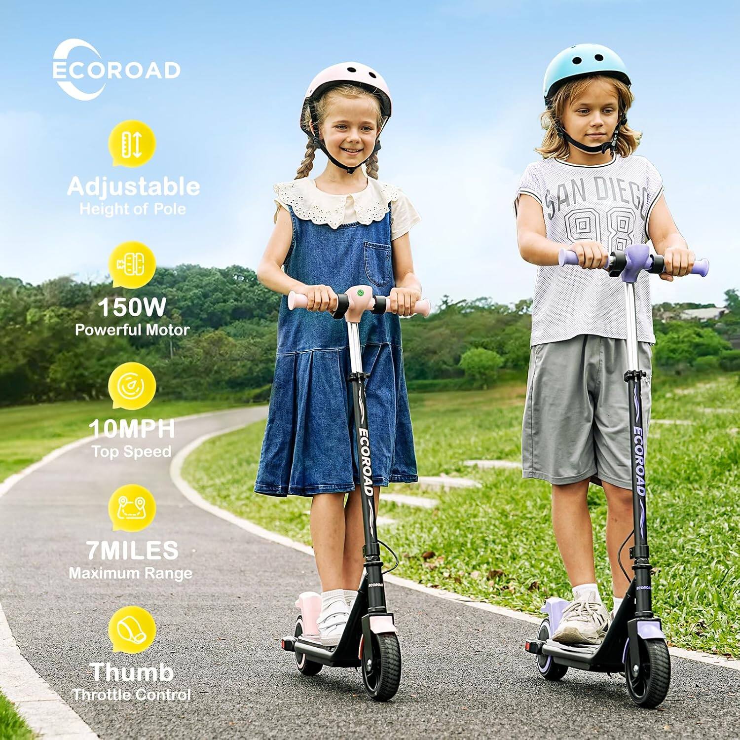 ECOROAD

- Adjustable Height of Pole
- 150W Powerful Motor
- 10MPH Top Speed
- 7 MILES Maximum Range
- Thumb Throttle Control