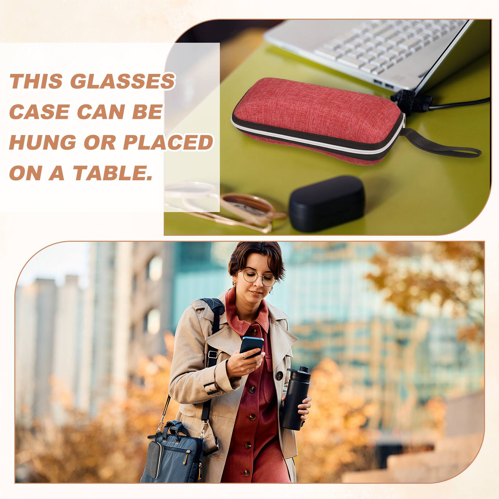 This glasses case can be hung or placed on a table.