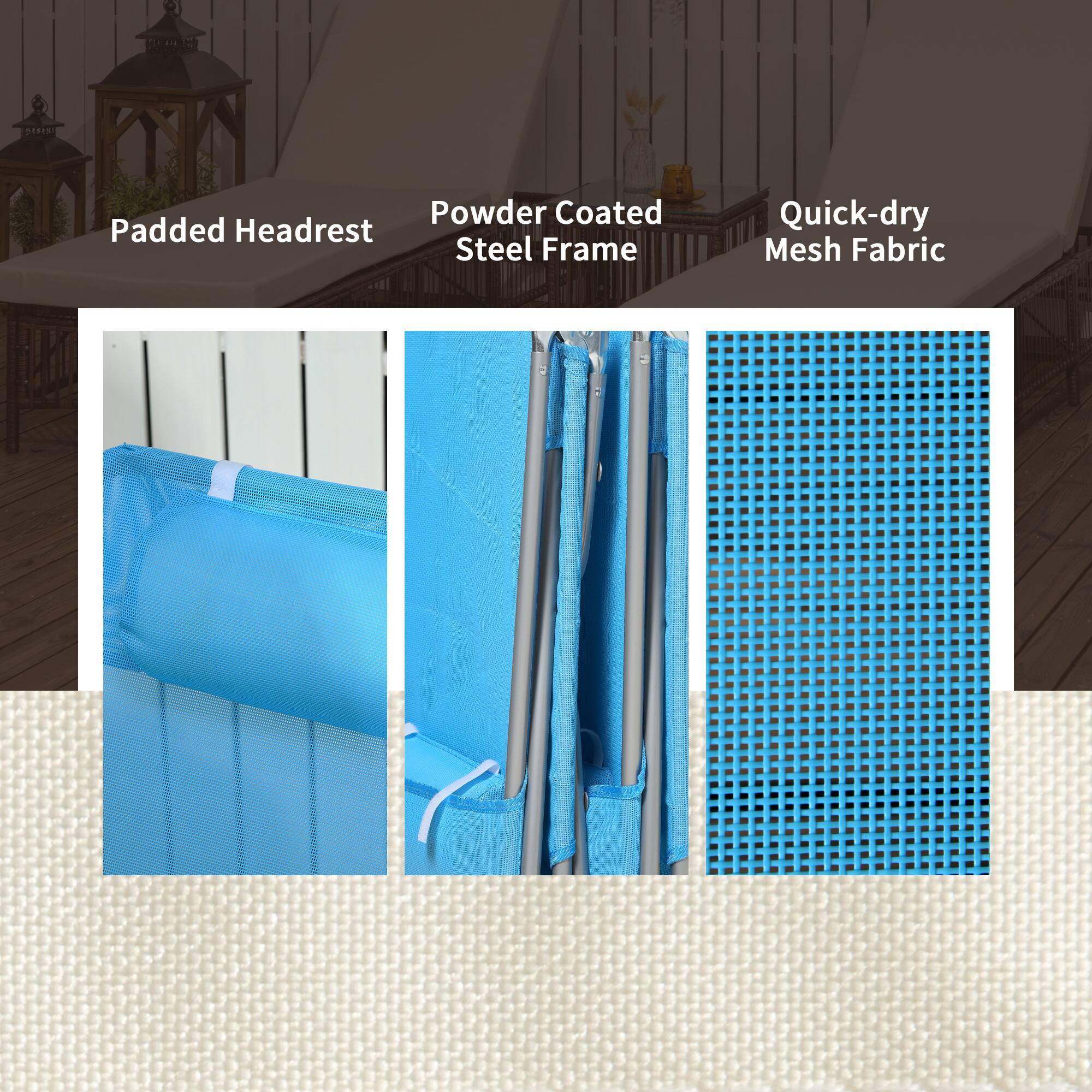 Powder Coated Steel Frame, Padded Headrest, Quick-dry Mesh Fabric