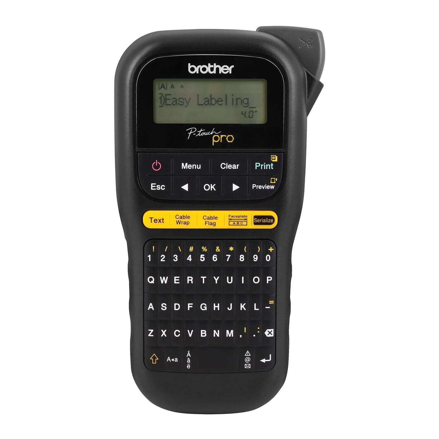 brother  
Easy Labeling_ 4.0  
P-touch pro  

Menu Clear Print Esc OK Preview Text Cable Wrap Cable Flag Faceplate Serialize  

1 / 2 / 3 # 4 % 5 & 6 * 7 I 8 ) 9 + 0 Q W E R T Y U I o P A S D F G H J K L - Z X C V  N I x A AA