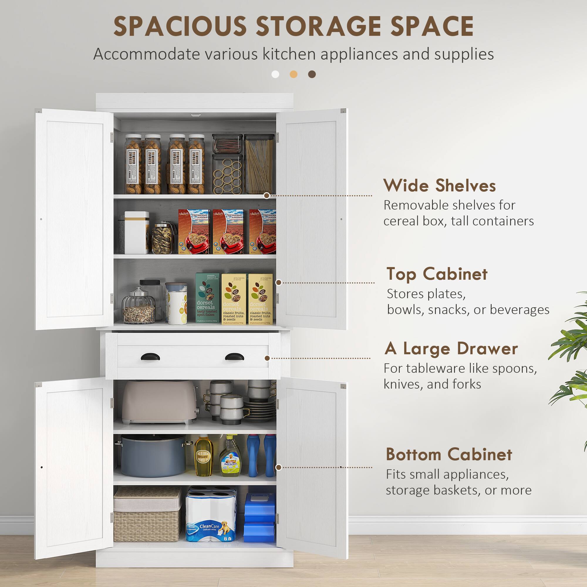 SPACIOUS STORAGE SPACE Accommodate various kitchen appliances and supplies   Wide Shelves Removable shelves for cereal box, tall containers  Top Cabinet Stores plates, bowls, snacks, or beverages  A Large Drawer For tableware like spoons, knives, and forks  Bottom Cabinet Fits small appliances, storage baskets, or more