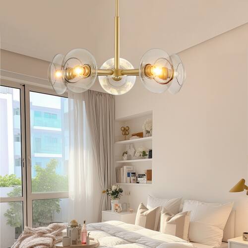 Left. LUCKY ONE - 26in Hanging Sputnik Chandelier, 5-Light Gold Mid-Century Pendant for Dining Room Living Room Kitchen - Gold.