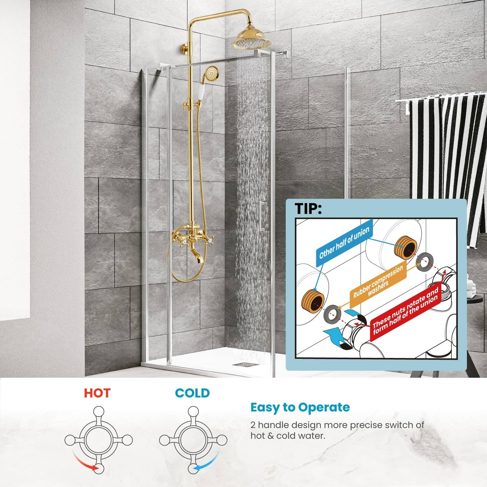 TIP:  
- Other washers  
- Rubber compression washers  
- These nuts rotate and form half of the union  

Easy to Operate  
2 handle design more precise switch of hot & cold water.