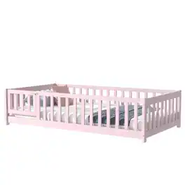 GOODSILO - Twin Size Low-Profile Children's Floor Bed with Safety Guardrails and Entry Door, Natural Wood Finish - Pink