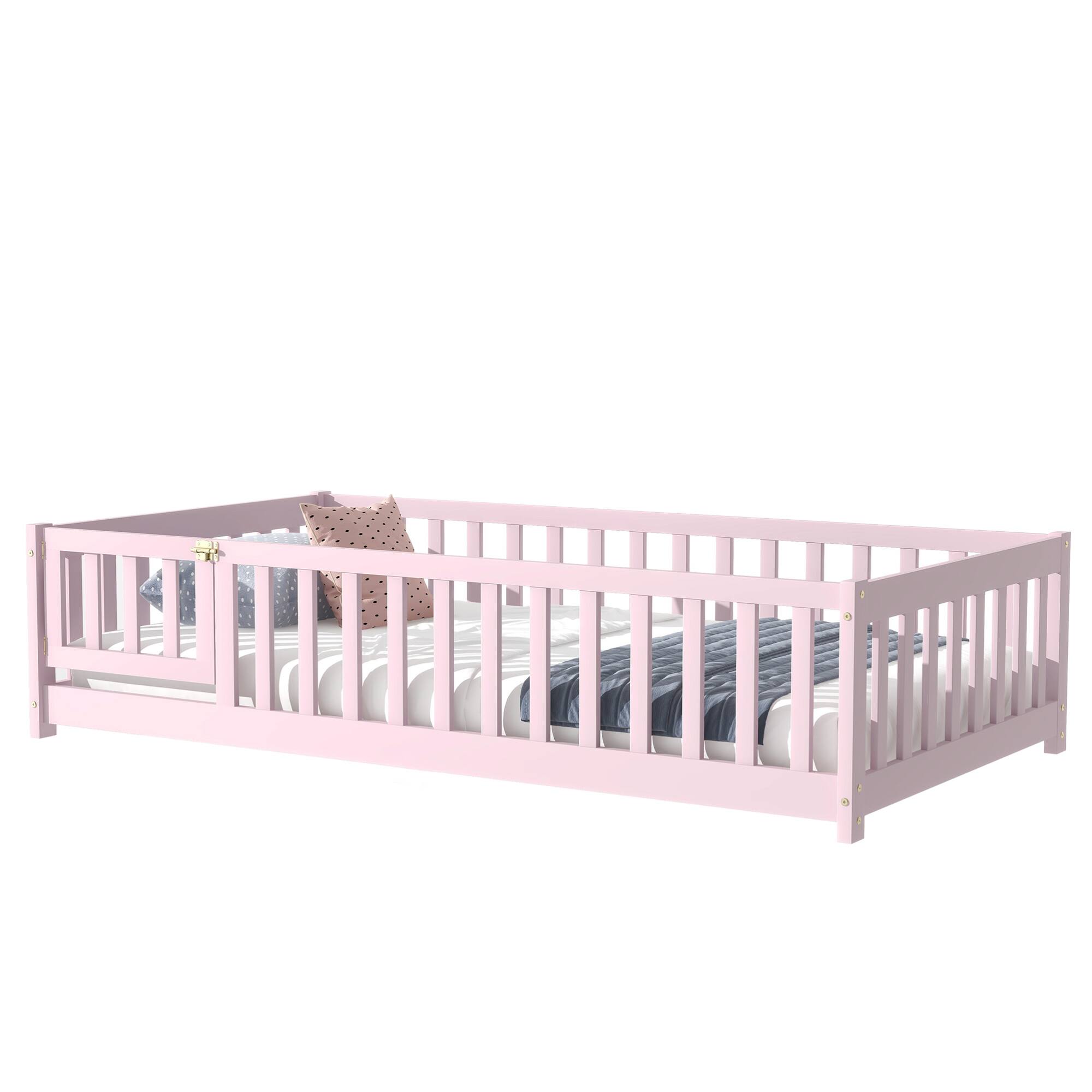 Front. GOODSILO - Twin Size Low-Profile Children's Floor Bed with Safety Guardrails and Entry Door, Natural Wood Finish - Pink.