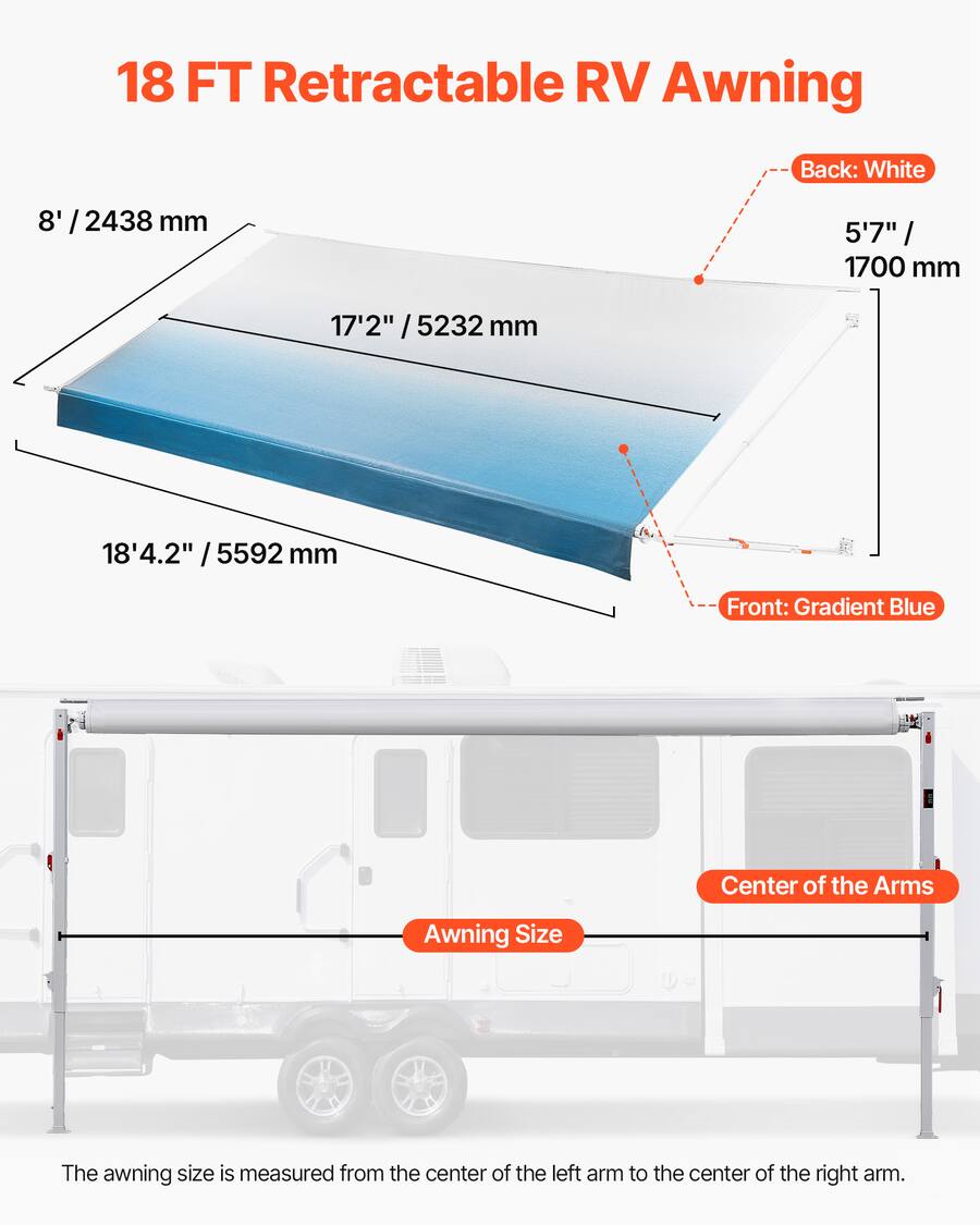 Blue Color Gradient Options VEVOR Manual RV Awning Complete Kit, 18.12FT Retractable RV Awning with ...