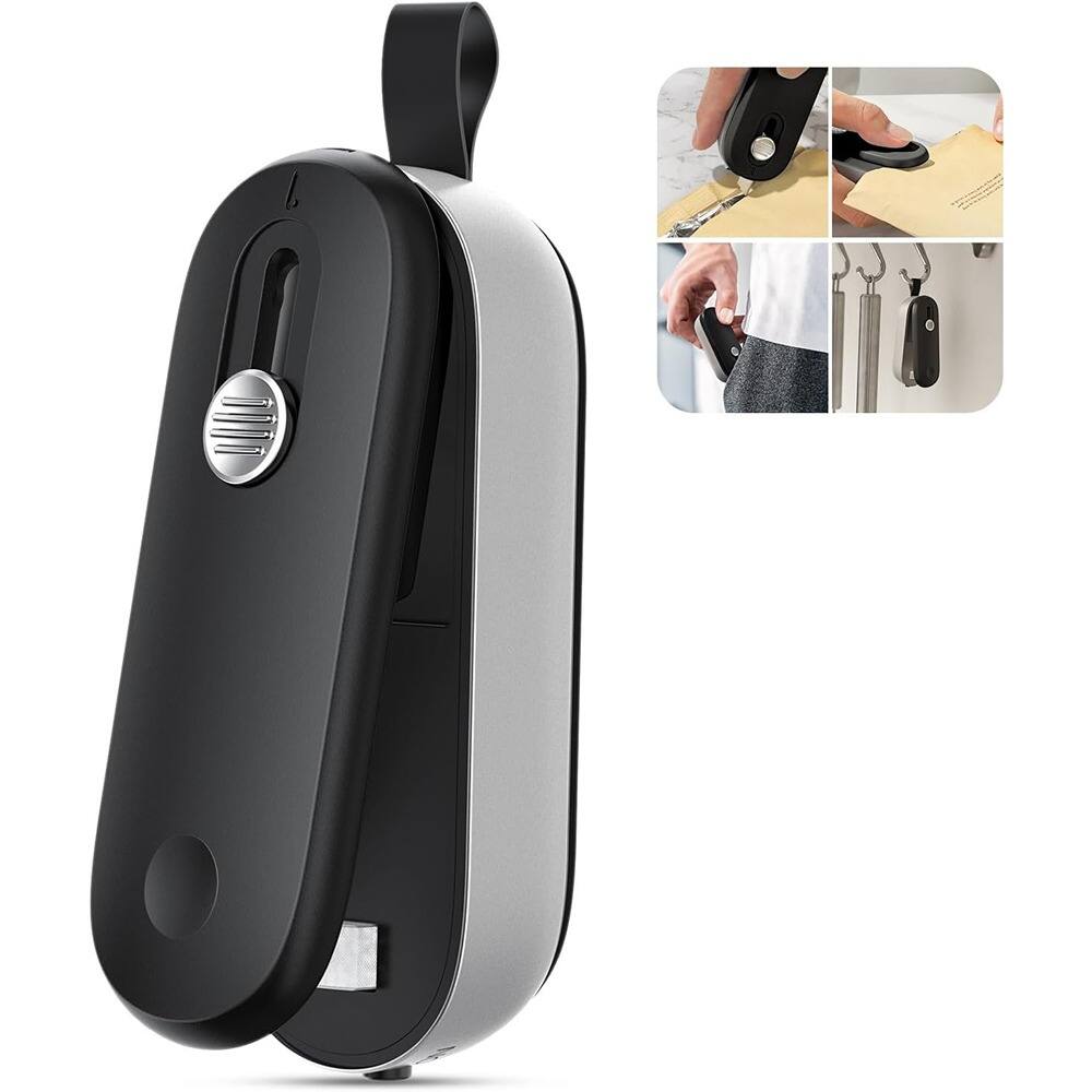 Front. RTMB - 2-in-1 Mini Bag Sealer, Heat Seal & Cutter, Portable Handheld, Lanyard - Black/gray.