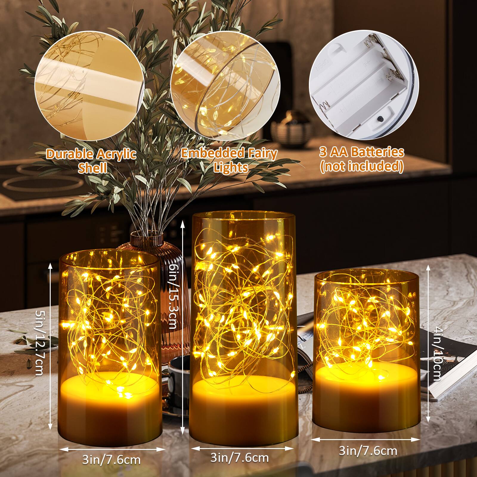 Durable Acrylic Shell, Embedded Fairy Lights, 3 AA Batteries (not included), 5in/12.7cm, 6in/15.3cm, 4in/10cm, 3in/7.6cm, 3in/7.6cm, 3in/7.6cm