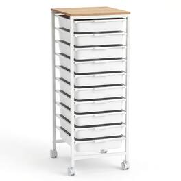 Costway - 10-Drawer Rolling Art & Craft Storage Carts, Mobile Utility Organizer with Wooden Tabletop - Natural + White
