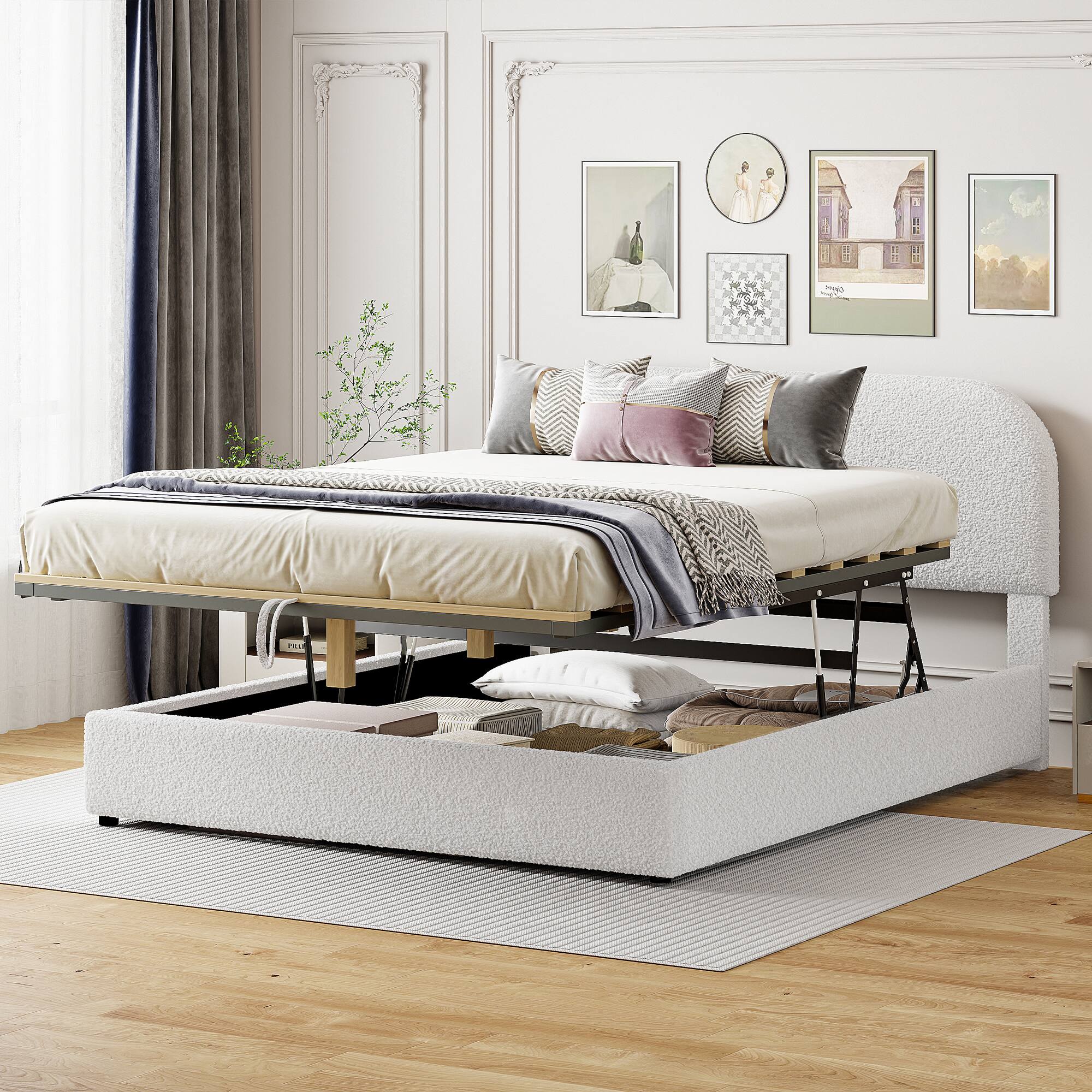 Angle. Tiramisubest - Teddy Fleece Queen  Size Upholstered Platform Bed with Hydraulic Storage System, White - White.