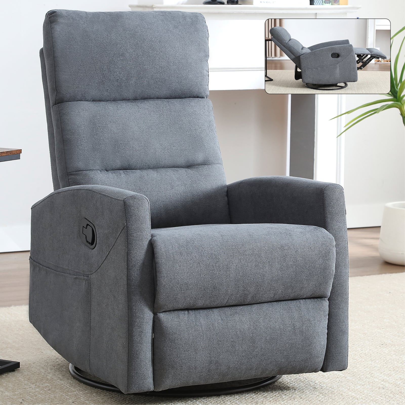 GOODSILO - Manual Recliner Chair with Rocker & Swivel - Fabric Living Room Seating - Gray