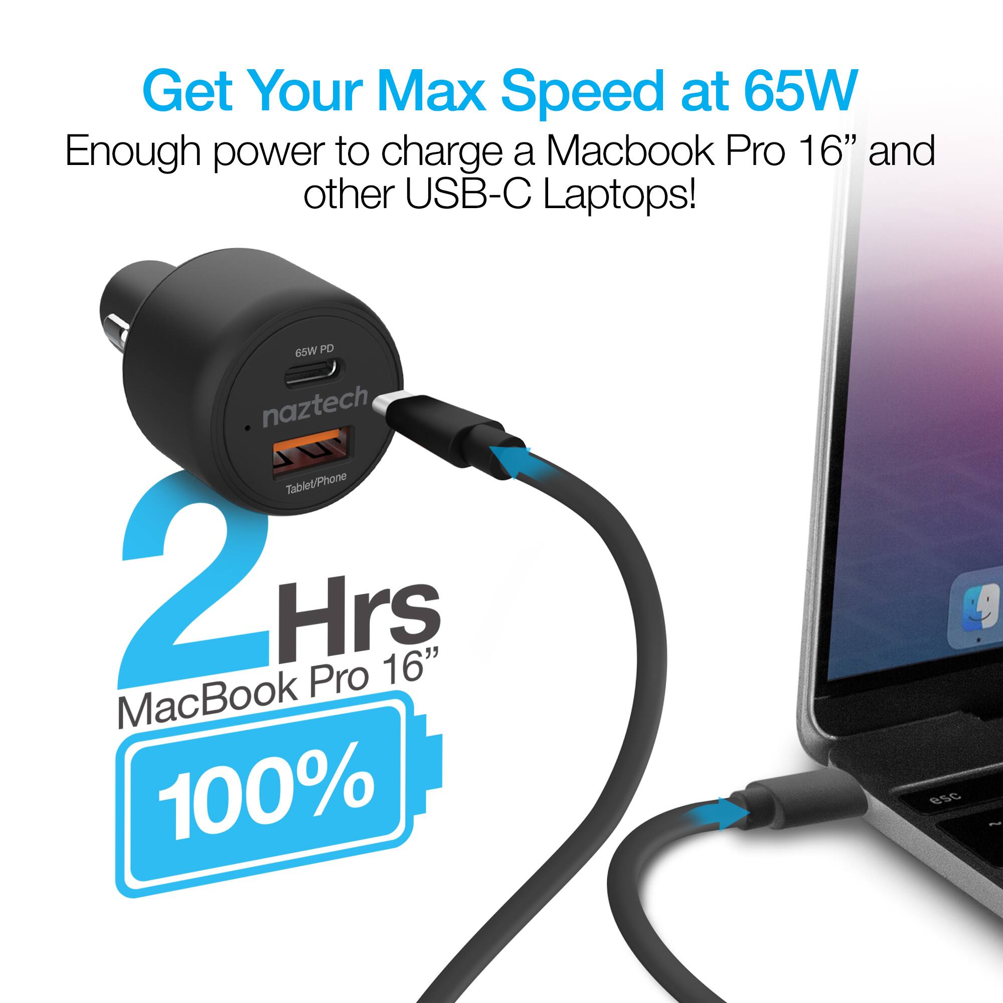 Get Your Max Speed at 65W  
Enough power to charge a Macbook Pro 16" and other USB-C Laptops!  
65W PD naztech  
Tablet/Phone  
2 Hrs MacBook Pro 16"  
100%