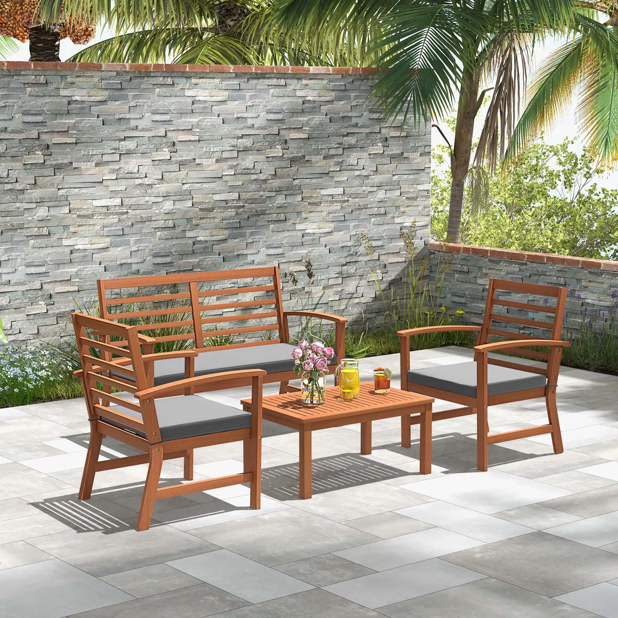 Alt View 1. Costway - Costway 4 PCS Outdoor Furniture Set with Soft Seat Cushions Stable Acacia Wood Frame - Grey.