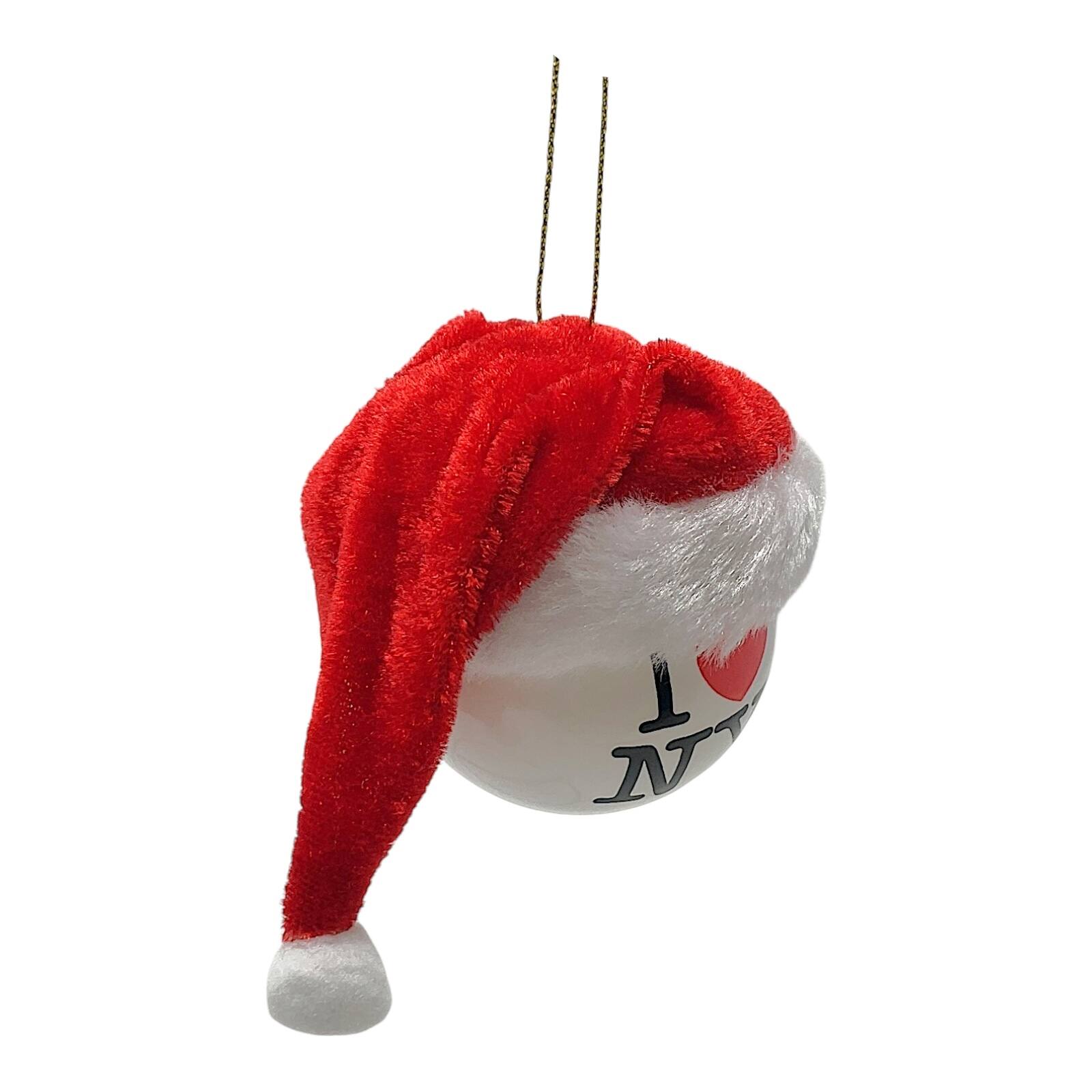 Back. Kurt S Adler - Kurt Adler I Love NY Ball with Fabric Santa Hat Plastic Christmas Tree Ornament 2.4 inch - Multicolor.