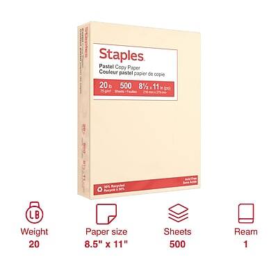 Staples Pastel Copy Paper  
Couleur pastel papier de copie  

20% bb  
500 8½ x 11 pc  

Weight: 20  
Paper size: 8.5" x 11"  
Sheets: 500  
Ream: 1  

30% Recycled  
LB Weight 20