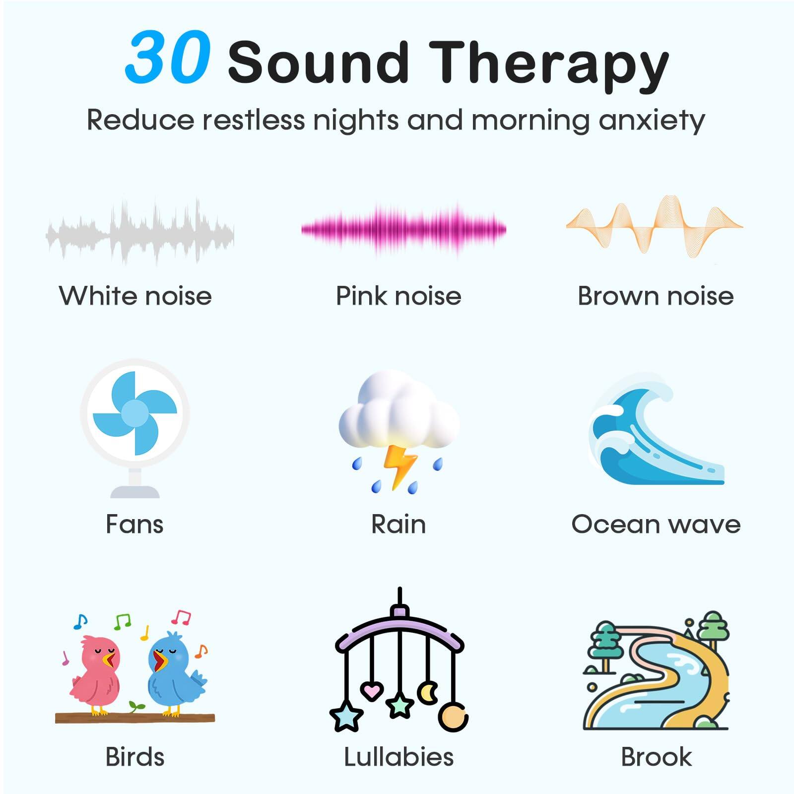 30 Sound Therapy  
Reduce restless nights and morning anxiety  

- White noise  
- Pink noise  
- Brown noise  
- Fans  
- Rain  
- Ocean wave  
- Birds  
- Lullabies  
- Brook