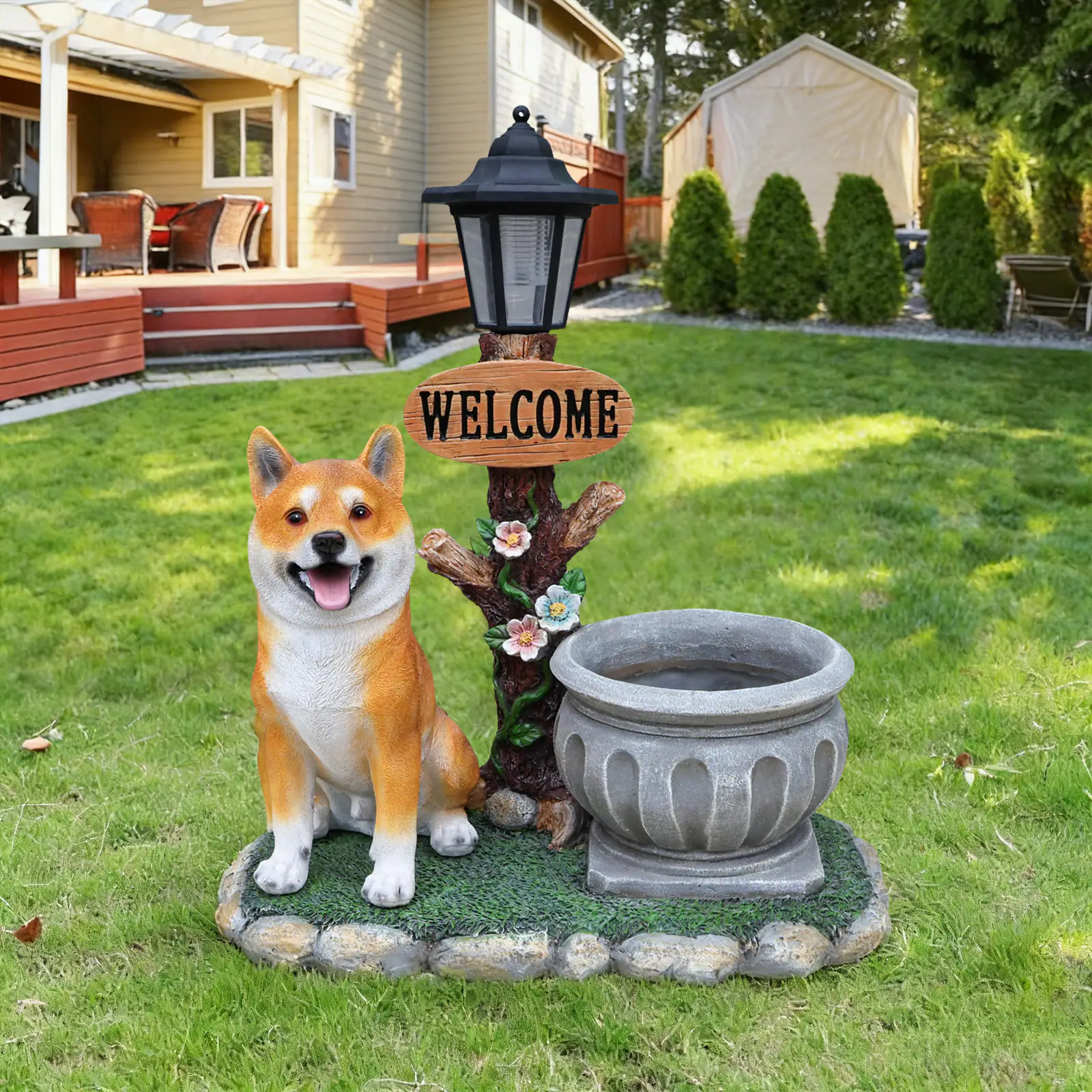 Left. Anysun - Sitting Akita Dog Planter Garden Decor – Loyal Statue with Built‑In Flower Pot, Weather‑Resistant for Indoor Outdoor Use - Brown.