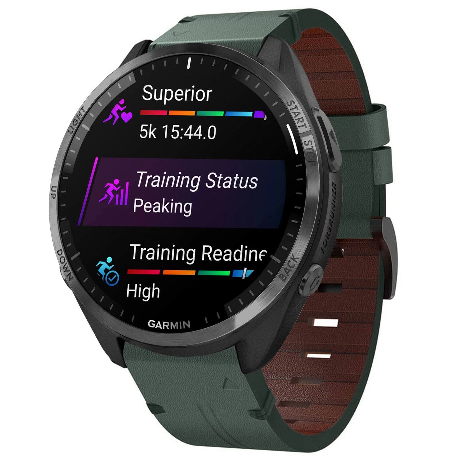 Superior  
5k 15:44.0  

Training Status  
Peaking  

Training Readiness  
High  

FORERUNNER  
GARMIN