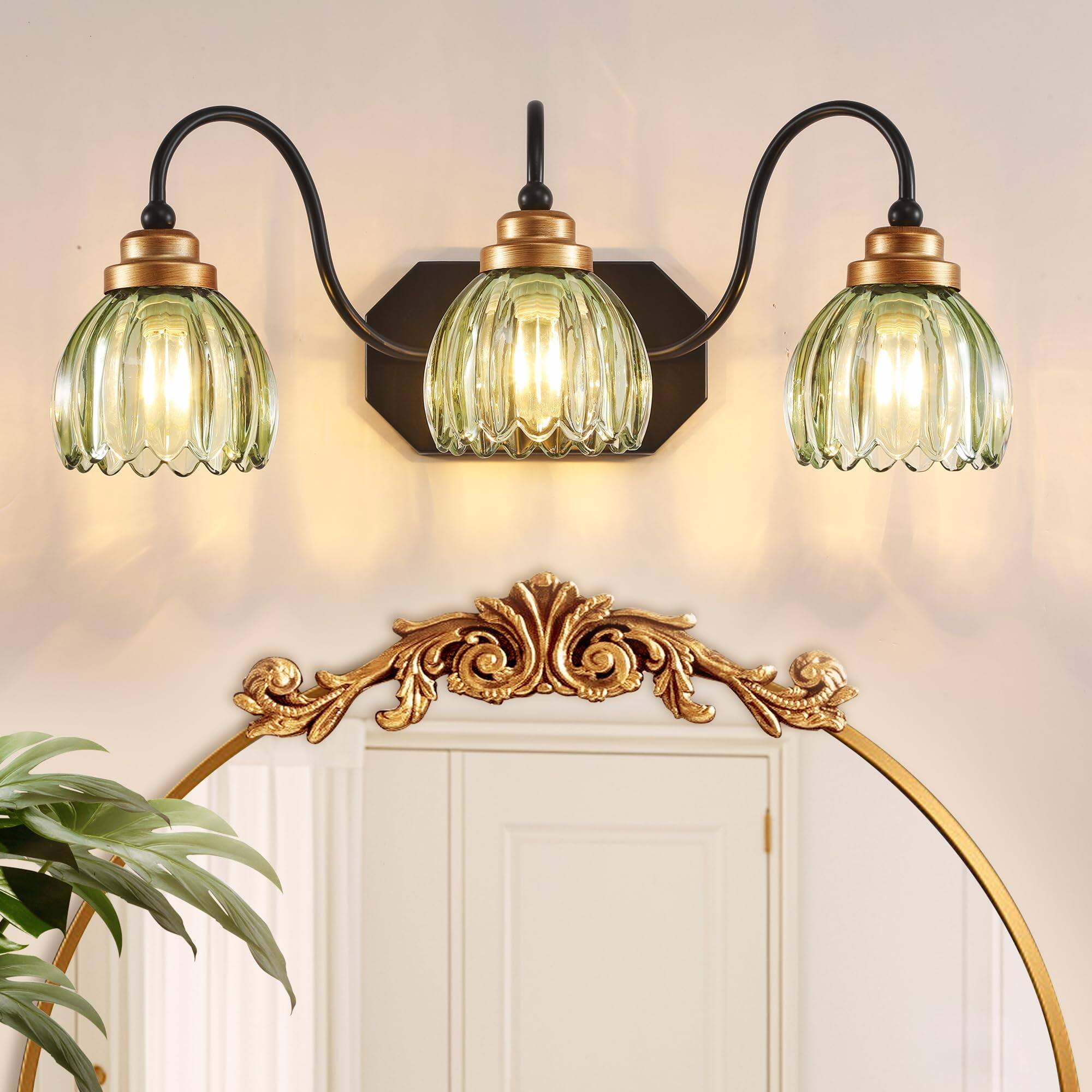 Earthley Blooms - Vintage Bathroom Vanity Light Lighting Fixtures Over Mirror Mid Century Style Farmhouse With Glass Shades - Green-4-Light