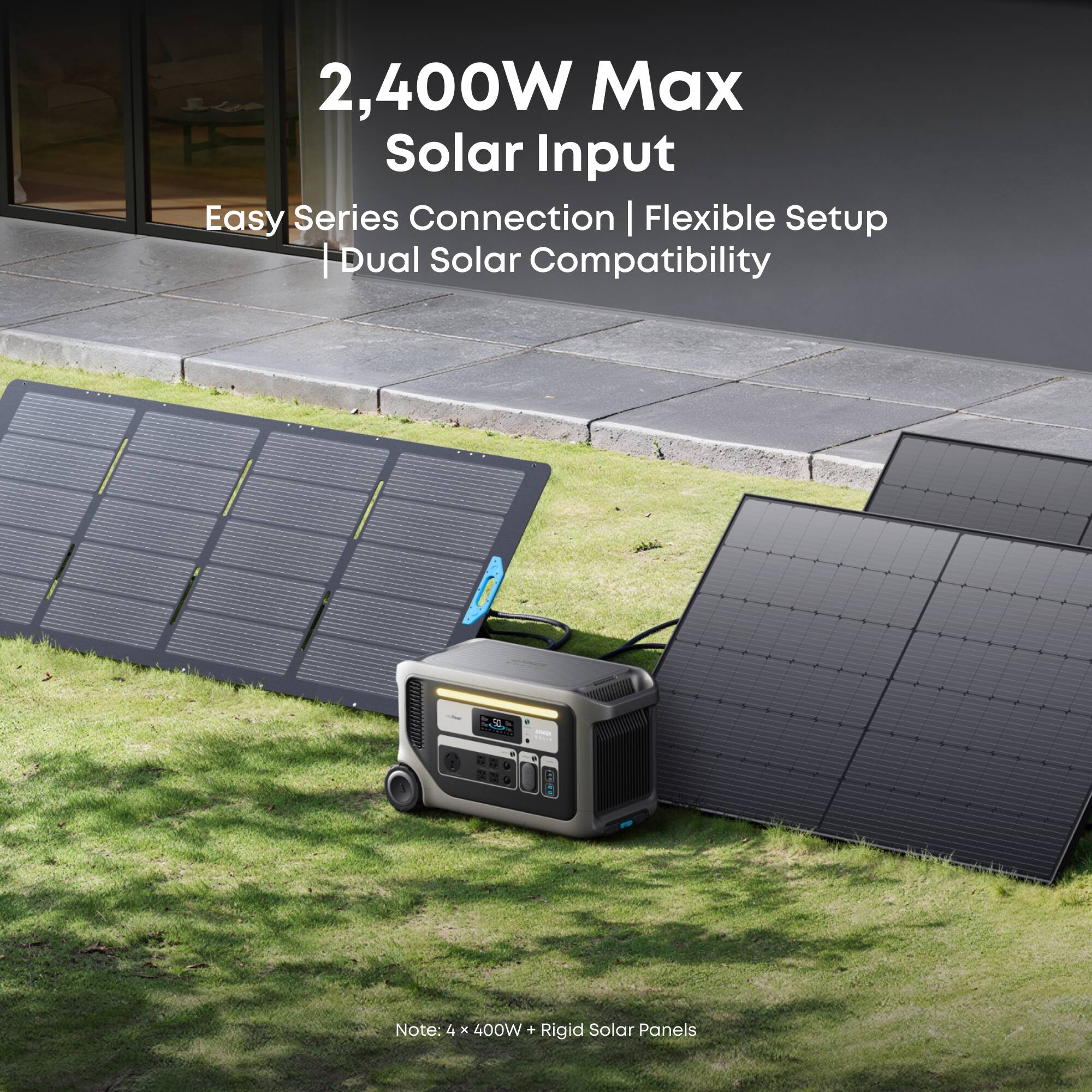 2,400W Max Solar Input  
Easy Series Connection | Flexible Setup | Dual Solar Compatibility  

Note: 4 x 400W + Rigid Solar Panels