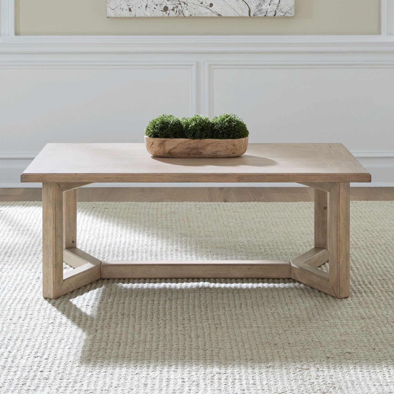 Angle. Liberty Furniture Industries - Living Room Rectangular Cocktail Table Center Trestle - Barley Buff Birch Wood - Barley Buff.