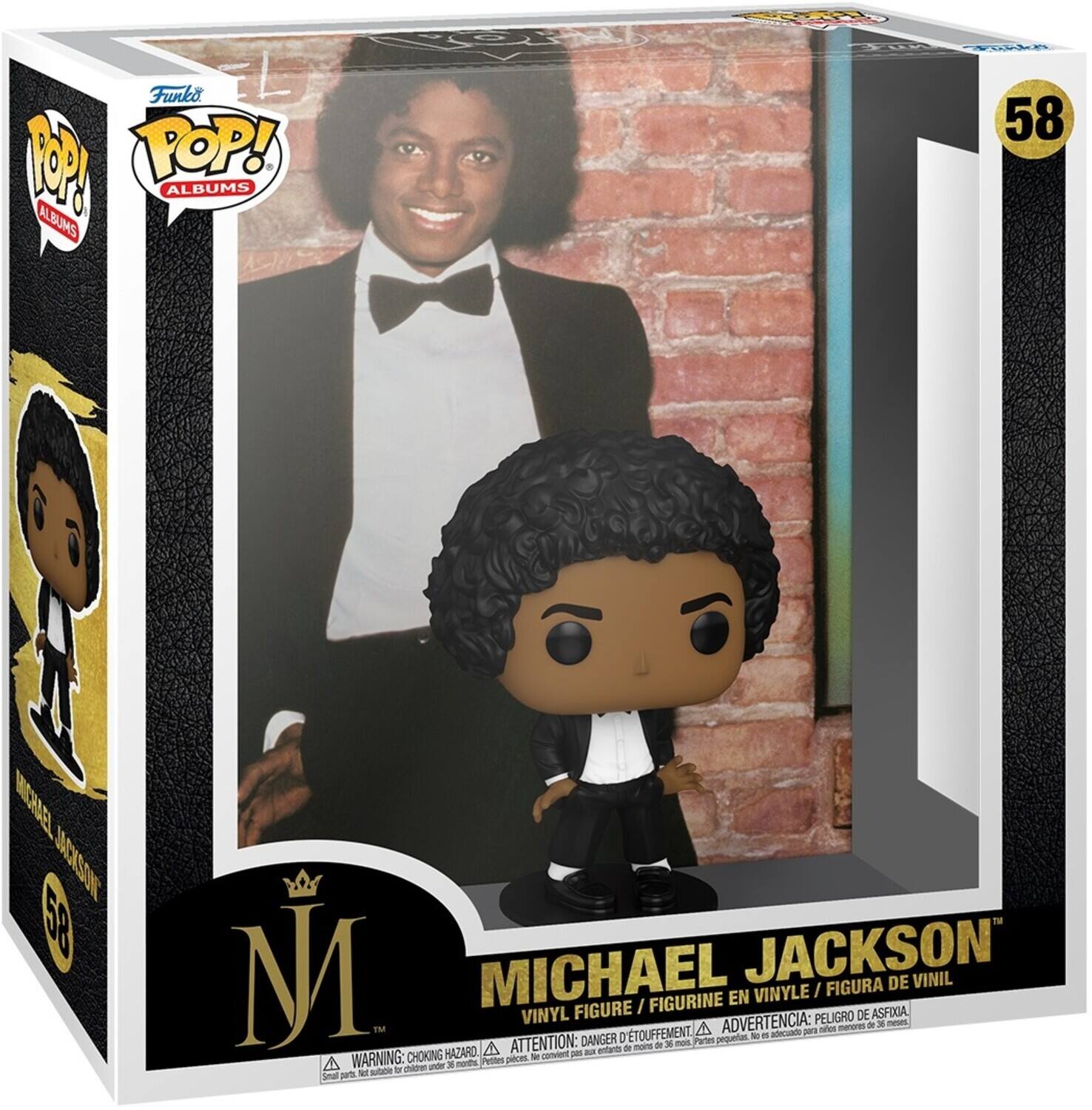 Sure, here is the corrected and grouped text from the image:

---

**Funko POP! ALBUMS**

**MICHAEL JACKSON**

**VINYL FIGURE / FIGURINE EN VINYLE / FIGURA DE VINIL**

**WARNING: CHOKING HAZARD - Small parts. Not for children under 3 years.**

**ADVERTENCIA: PEQUEÑAS PIEZAS - PELIGRO DE ASFIXIA - ADVERTÊNCIA: PEQUENAS PEÇAS - DANGER DE TOUFFEMENT - ATTENTION: DANGER - de mon Pare HAZARD - WARNING: CHOKING HAZARD**

**58**

---

This text includes the brand, product name, type, and safety warnings as seen on the packaging.