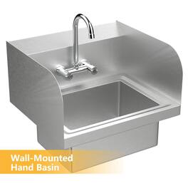 Winado - Commercial Wall Mount Hand Wash Sink Stainless Steel Bar Prep Sink with Faucet, Splash Guards, Rounded Edges for Kitchen - Silver