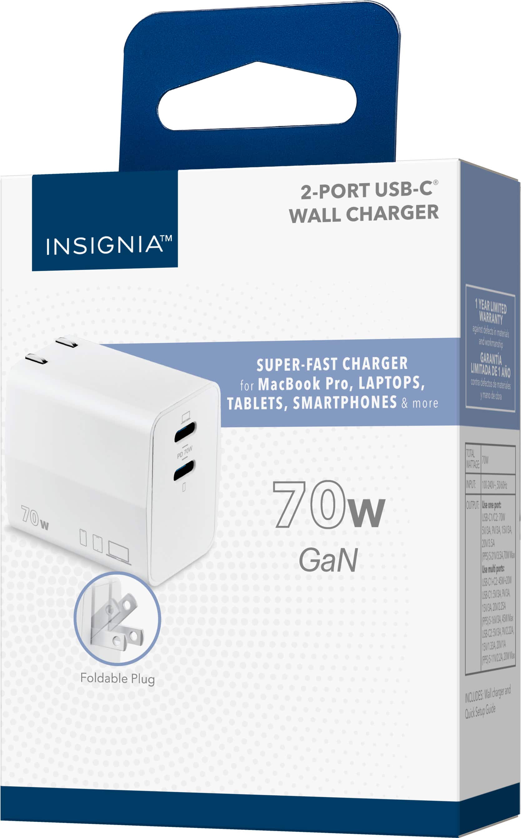 Insignia 2-Port USB-C Wall Charger Super-Fast Charger for MacBook Pro, Laptops, Tablets, Smartphones & more 1 Year Limited Warranty as bees m d vd vlrasio GARANTIA LIMITADA DE 1 AO cortr deects 2 55 ner 2 t 70 W Foldable Plug 7OW PO 70w GaN TORL ATAE 7ON NPUE 10-240- 50mP DUTPRUTE le D put S 0 DM SVSA RIGA 1I3A 20/354 E521(S5A DN l be nut 9O -2 5 SUCE.SIGA NSA 15/54 20/2.75A PS5 WR SI la 55 ZA BA 2 F510/22,20 Mal dage and INOUDES Quck Sep Gudle.