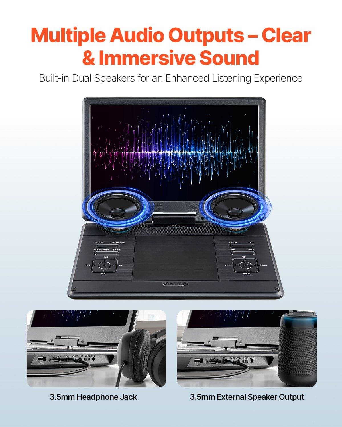 Multiple Audio Outputs – Clear & Immersive Sound
Built-in Dual Speakers for an Enhanced Listening Experience
3.5mm Headphone Jack
3.5mm External Speaker Output