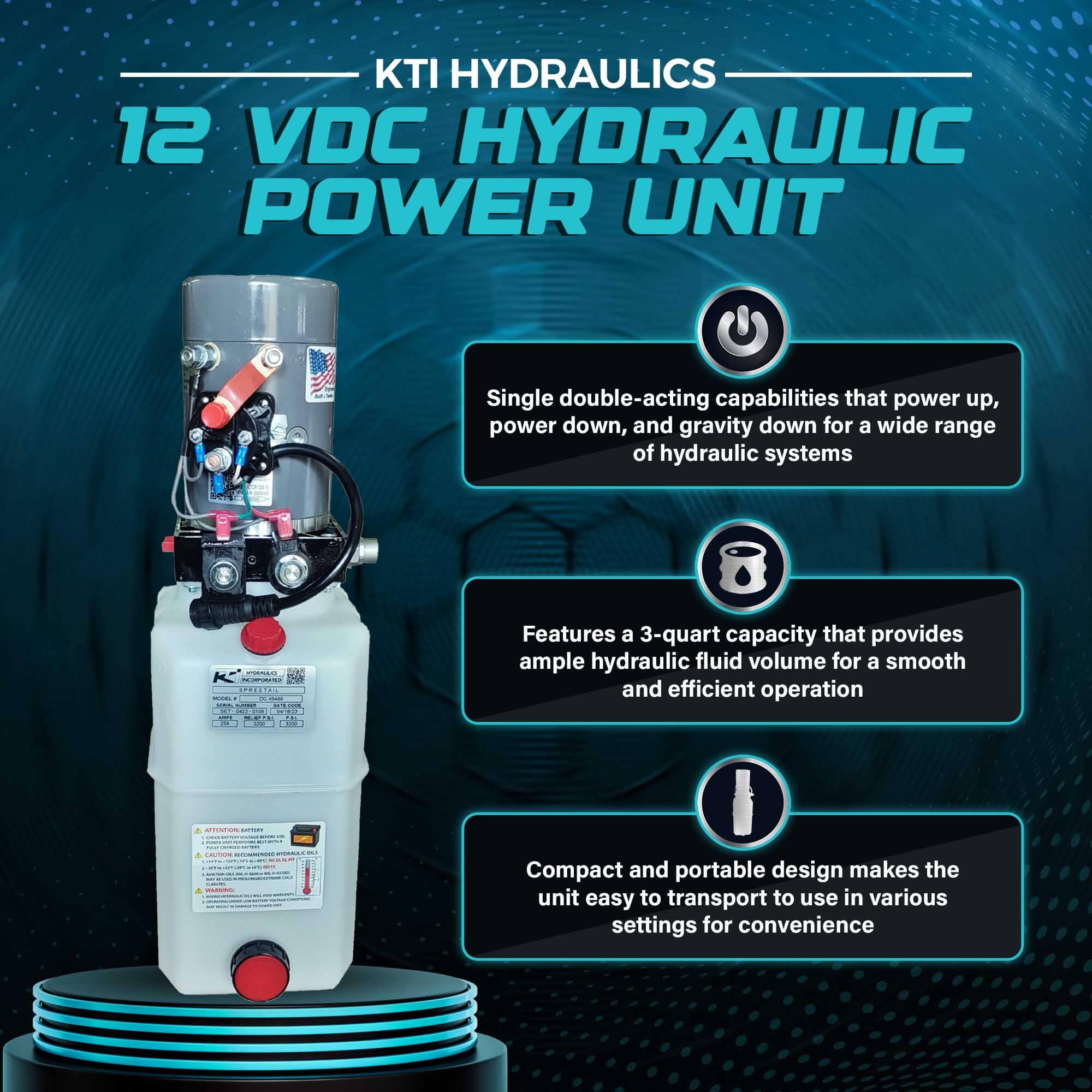 KTI HYDRAULICS 12 VDC HYDRAULIC POWER UNIT

- Single double-acting capabilities that power up, power down, and gravity down for a wide range of hydraulic systems
- Features a 3-quart capacity that provides ample hydraulic fluid volume for a smooth and efficient operation
- Compact and portable design makes the unit easy to transport to use in various settings for convenience