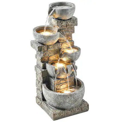 Front. Outsunny - Outdoor Water Fountain with Warm LED Lights, 31.5" Tall 5 Tiers Outdoor Cascading Water Feature.