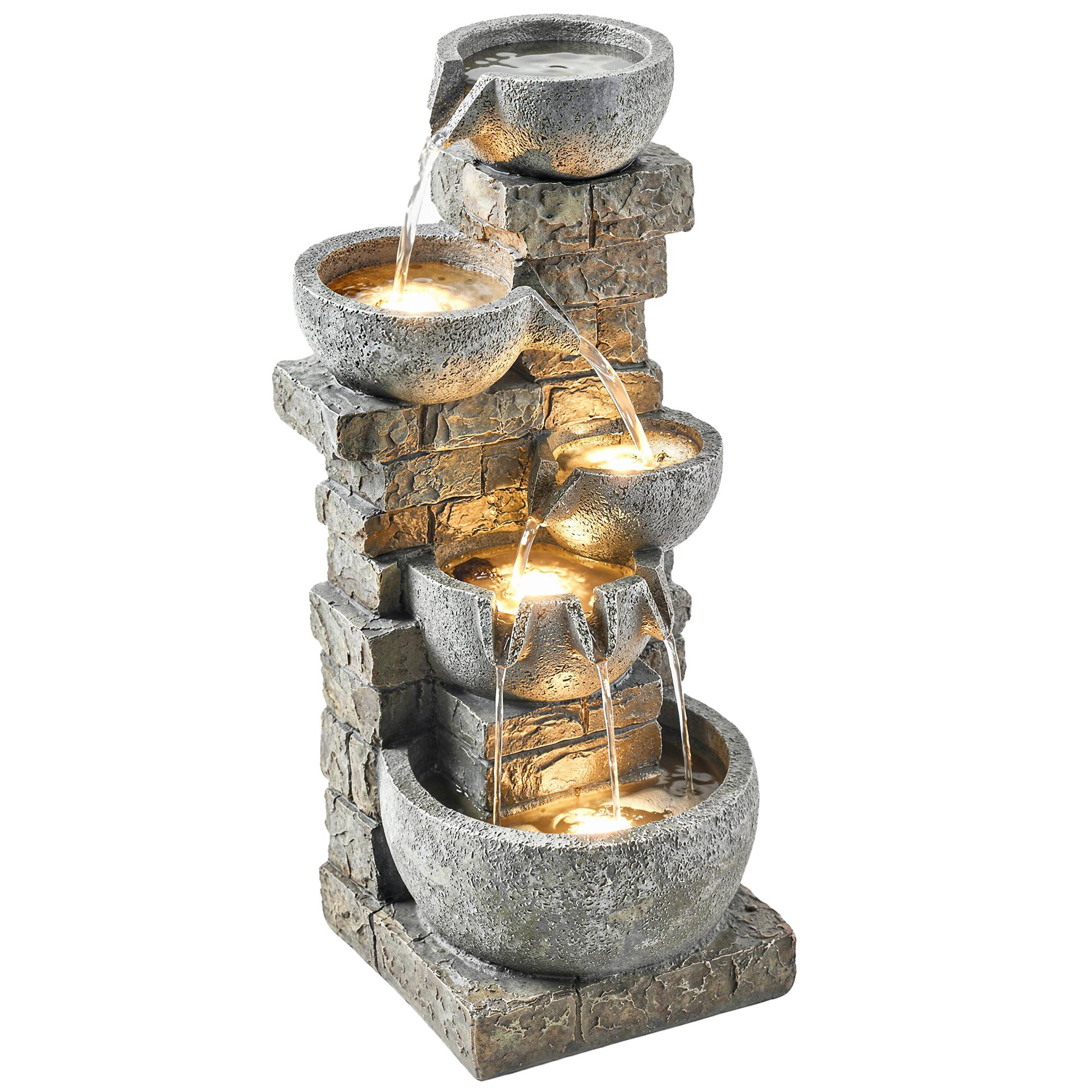 Outsunny - Outdoor Water Fountain with Warm LED Lights, 31.5" Tall 5 Tiers Outdoor Cascading Water Feature