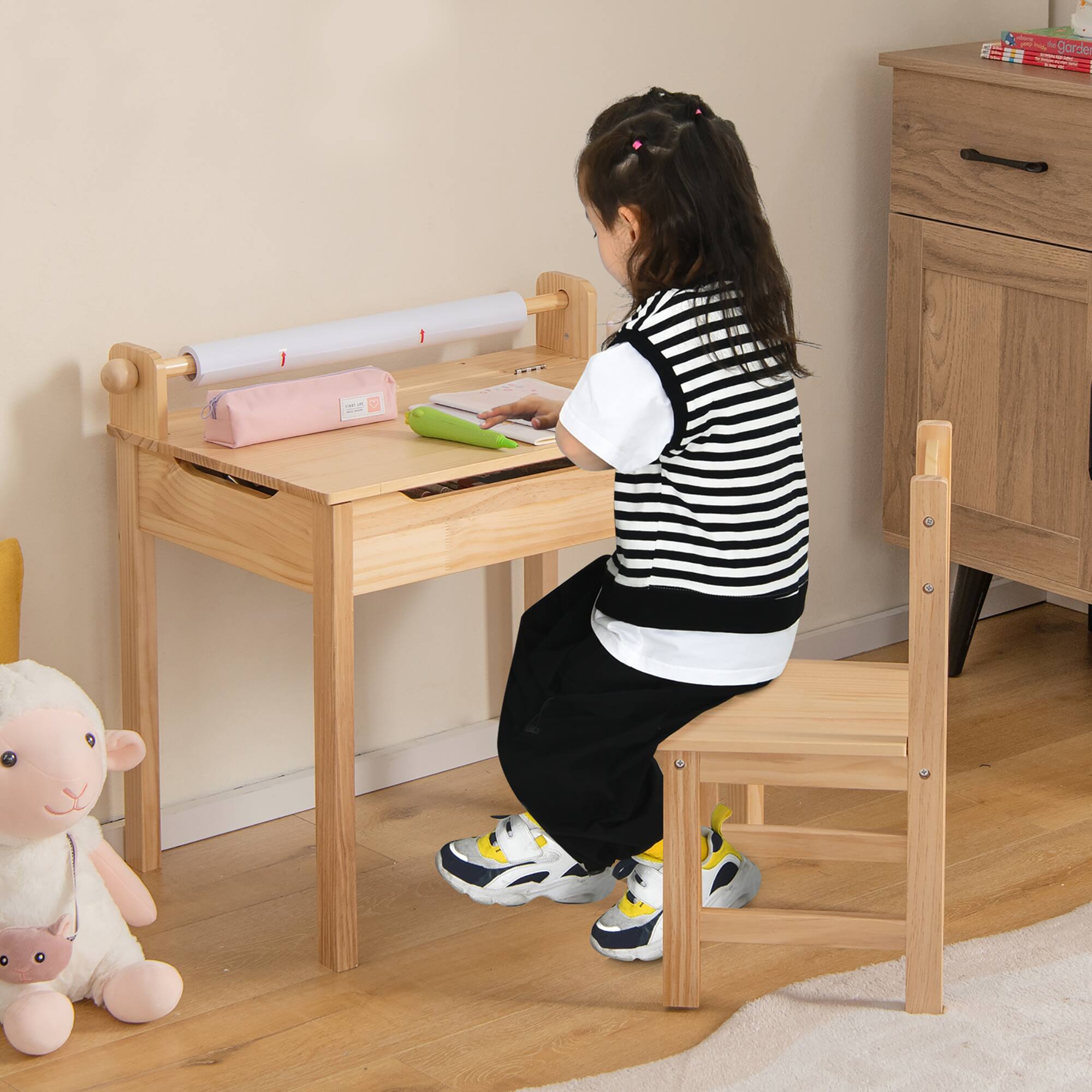 Alt View 1. Costway - Costway Toddler Multi Activity Table with Chair Kids Art & Crafts Table with Paper Roll Holder - Natural.