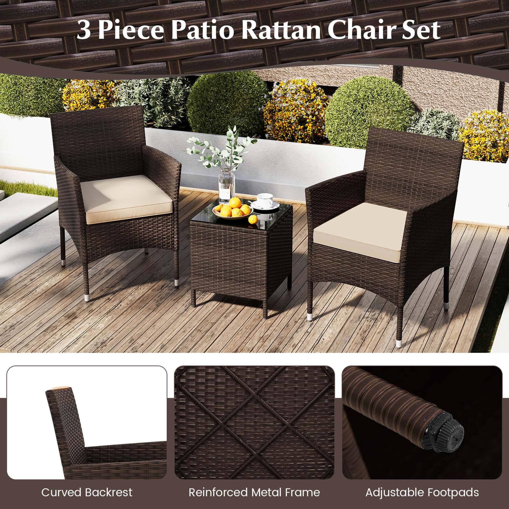 3 Piece Patio Rattan Chair Set: Curved Backrest, Reinforced Metal Frame, Adjustable Footpads